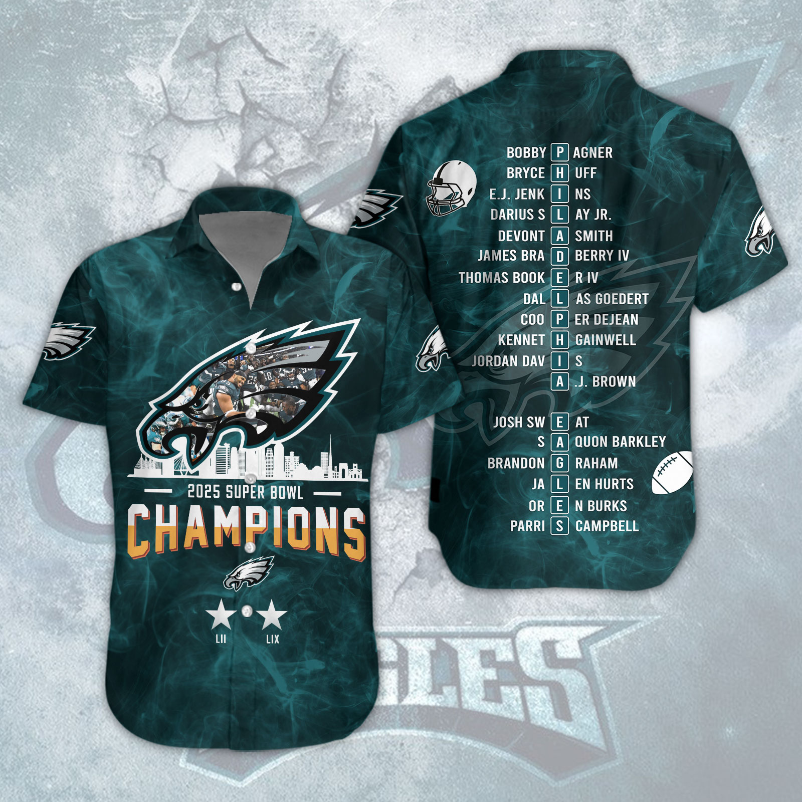 Philadelphia Eagles 2025 Super Bowl LIX Champions Hawaian Shirt - Famjoys Philadelphia Eagles 2025 Super Bowl LIX Champions Hawaian Shirt - Famjoys