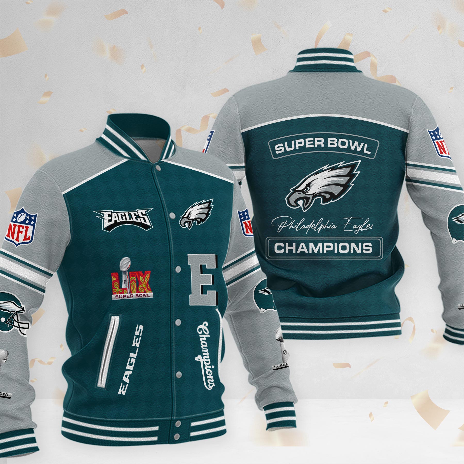 Philadelphia Eagles 2025 Super Bowl LIX Champions Varsity Baseball Jacket - Famjoys Philadelphia Eagles 2025 Super Bowl LIX Champions Varsity Baseball Jacket - Famjoys