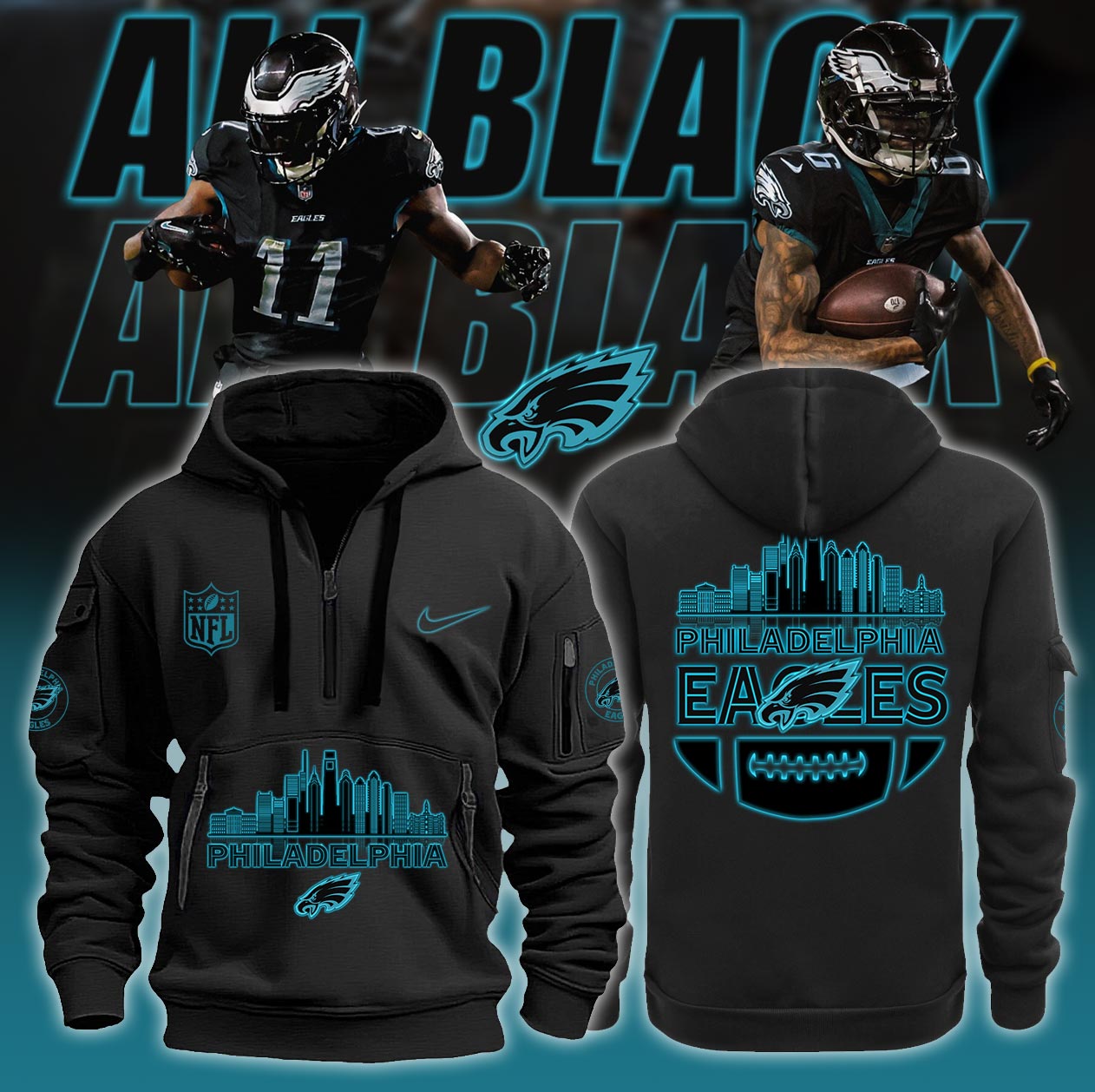 Philadelphia Eagles ALL BLACK Hoodie Limited - Famjoys Philadelphia Eagles ALL BLACK Hoodie Limited - Famjoys