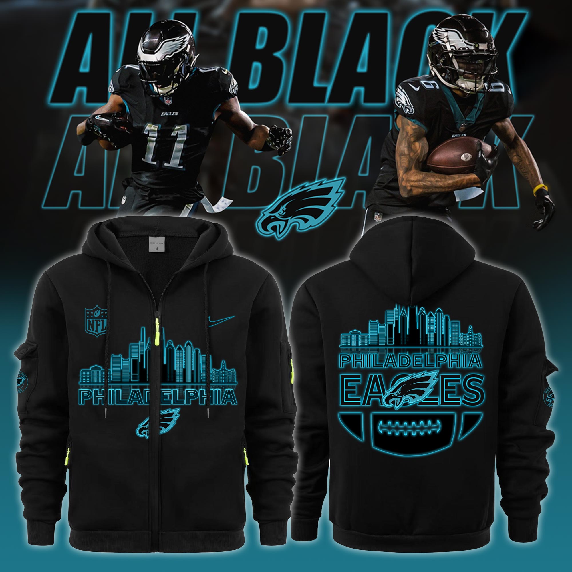Philadelphia Eagles ALL BLACK ZipHoodie Limited - Famjoys Philadelphia Eagles ALL BLACK ZipHoodie Limited - Famjoys
