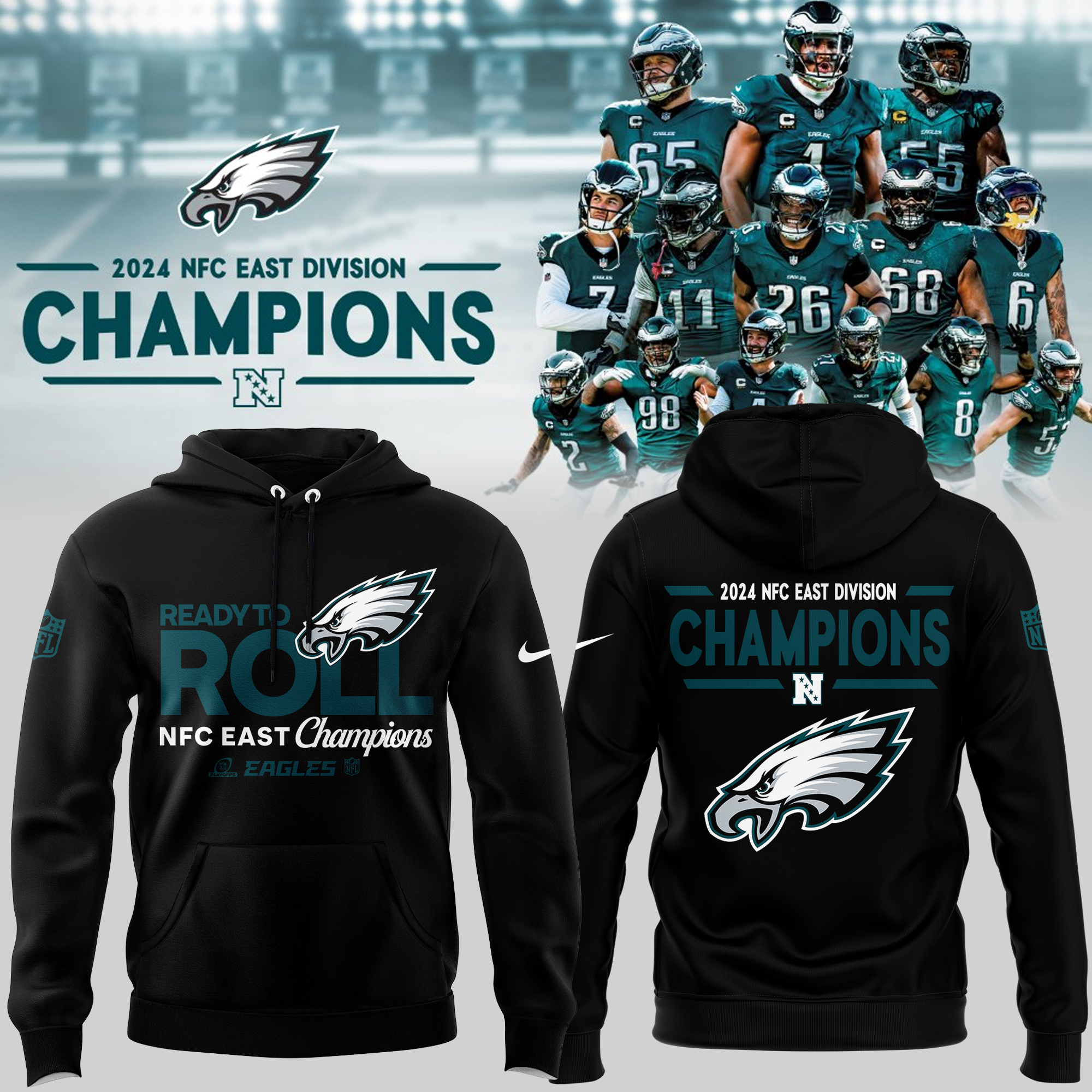 PHILADELPHIA EAGLES ARE 2024 NFC EAST CHAMPIONS Hoodie - Famjoys PHILADELPHIA EAGLES ARE 2024 NFC EAST CHAMPIONS Hoodie - Famjoys