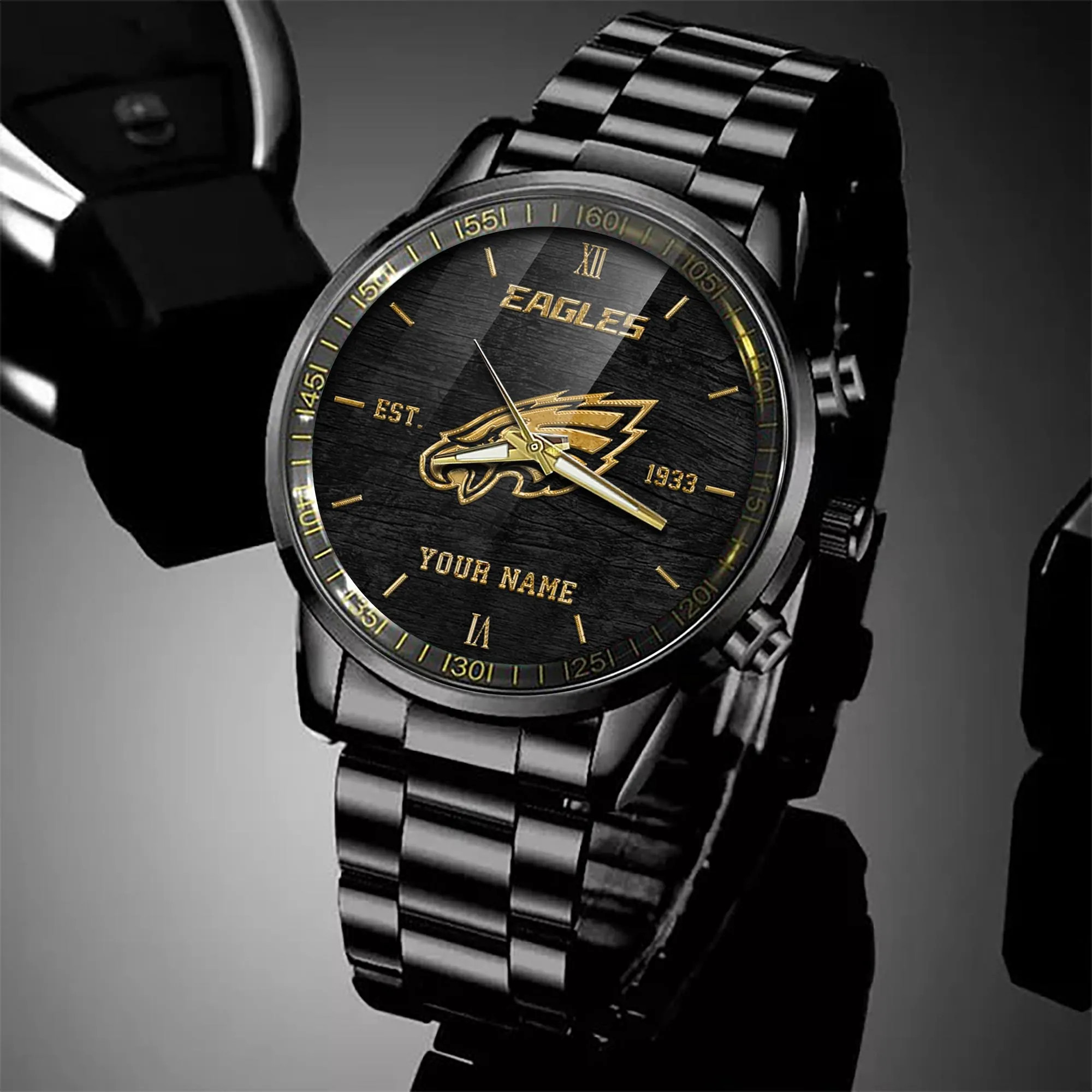 Philadelphia Eagles Black Fashion Watch Custom Your Name - Famjoys Philadelphia Eagles Black Fashion Watch Custom Your Name - Famjoys