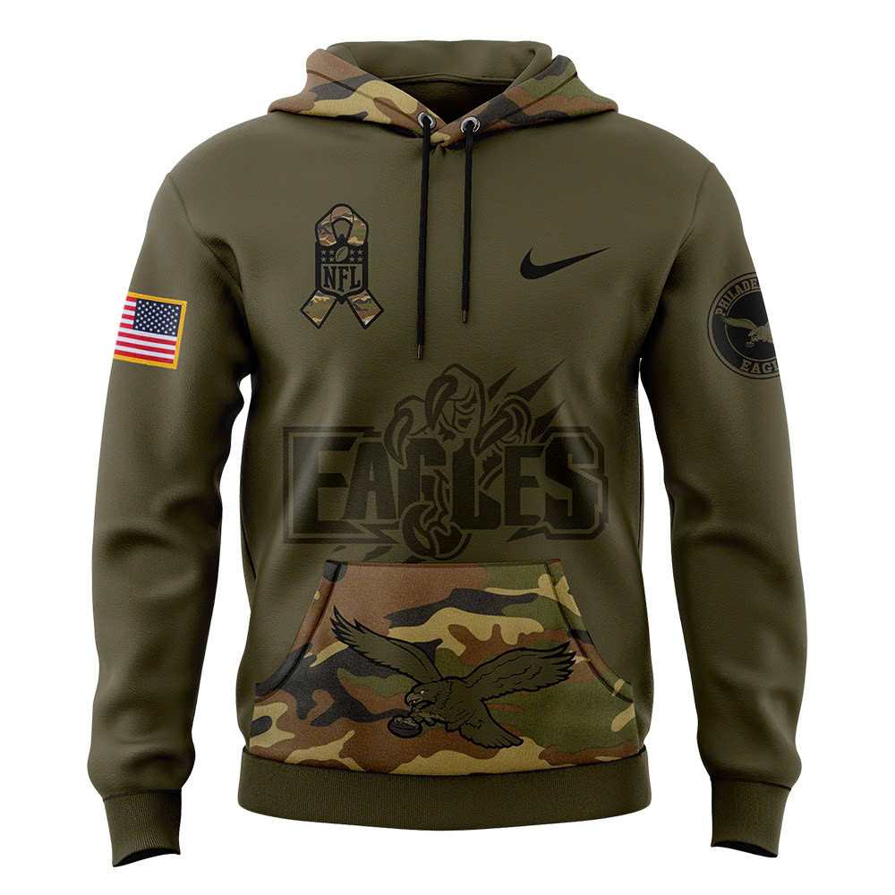 Philadelphia Eagles Camo Salute to Service Club Fleece Pullover Hoodie - Famjoys Philadelphia Eagles Camo Salute to Service Club Fleece Pullover Hoodie - Famjoys