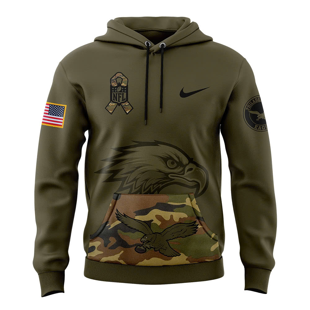 Philadelphia Eagles Camo Salute to Service Club Fleece Pullover Hoodie - Famjoys Philadelphia Eagles Camo Salute to Service Club Fleece Pullover Hoodie - Famjoys