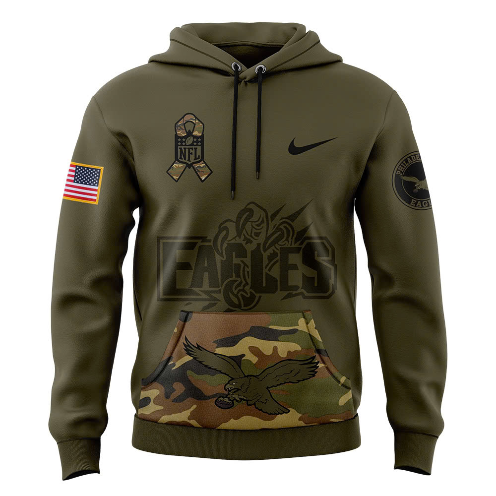 Philadelphia Eagles Camo Salute to Service Club Fleece Pullover Hoodie V4 - Famjoys Philadelphia Eagles Camo Salute to Service Club Fleece Pullover Hoodie V4 - Famjoys
