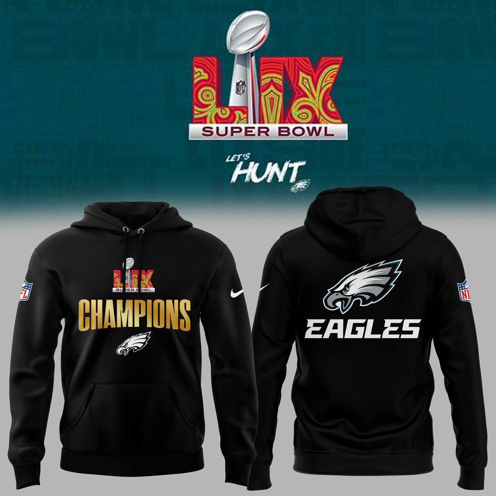 Philadelphia Eagles CHAMPIONS SUPER BOWL LIX Hoodie - Famjoys Philadelphia Eagles CHAMPIONS SUPER BOWL LIX Hoodie - Famjoys