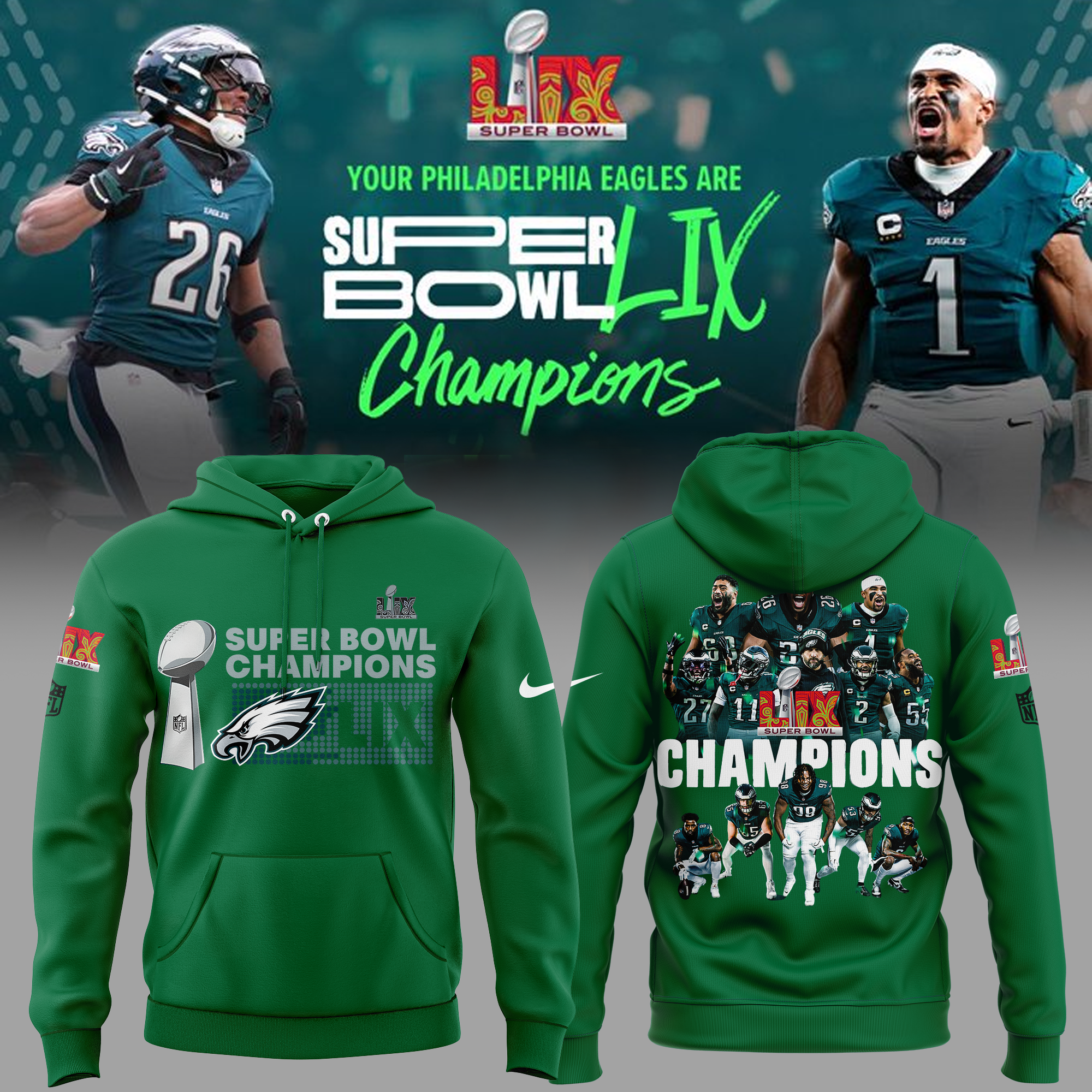 Philadelphia Eagles CHAMPIONS SUPER BOWL LIX Hoodie - Famjoys Philadelphia Eagles CHAMPIONS SUPER BOWL LIX Hoodie - Famjoys