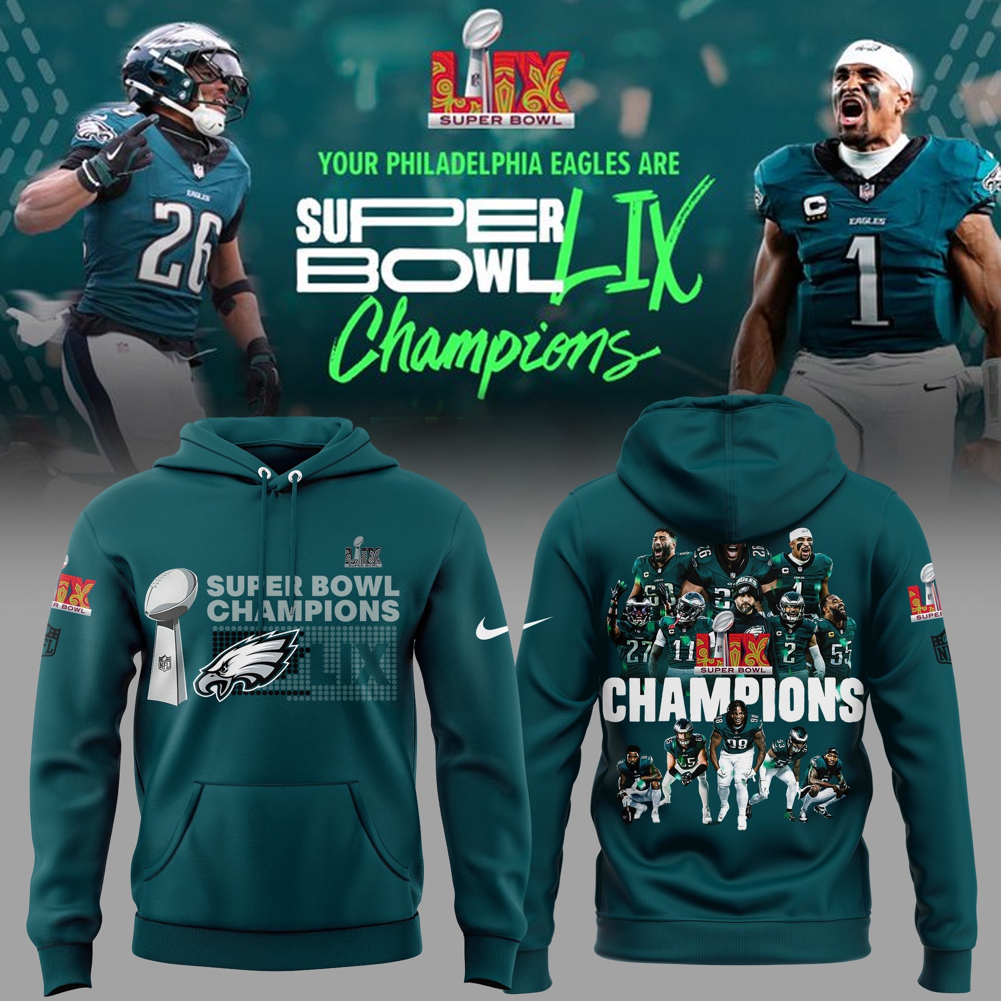 Philadelphia Eagles CHAMPIONS SUPER BOWL LIX Hoodie - Famjoys Philadelphia Eagles CHAMPIONS SUPER BOWL LIX Hoodie - Famjoys
