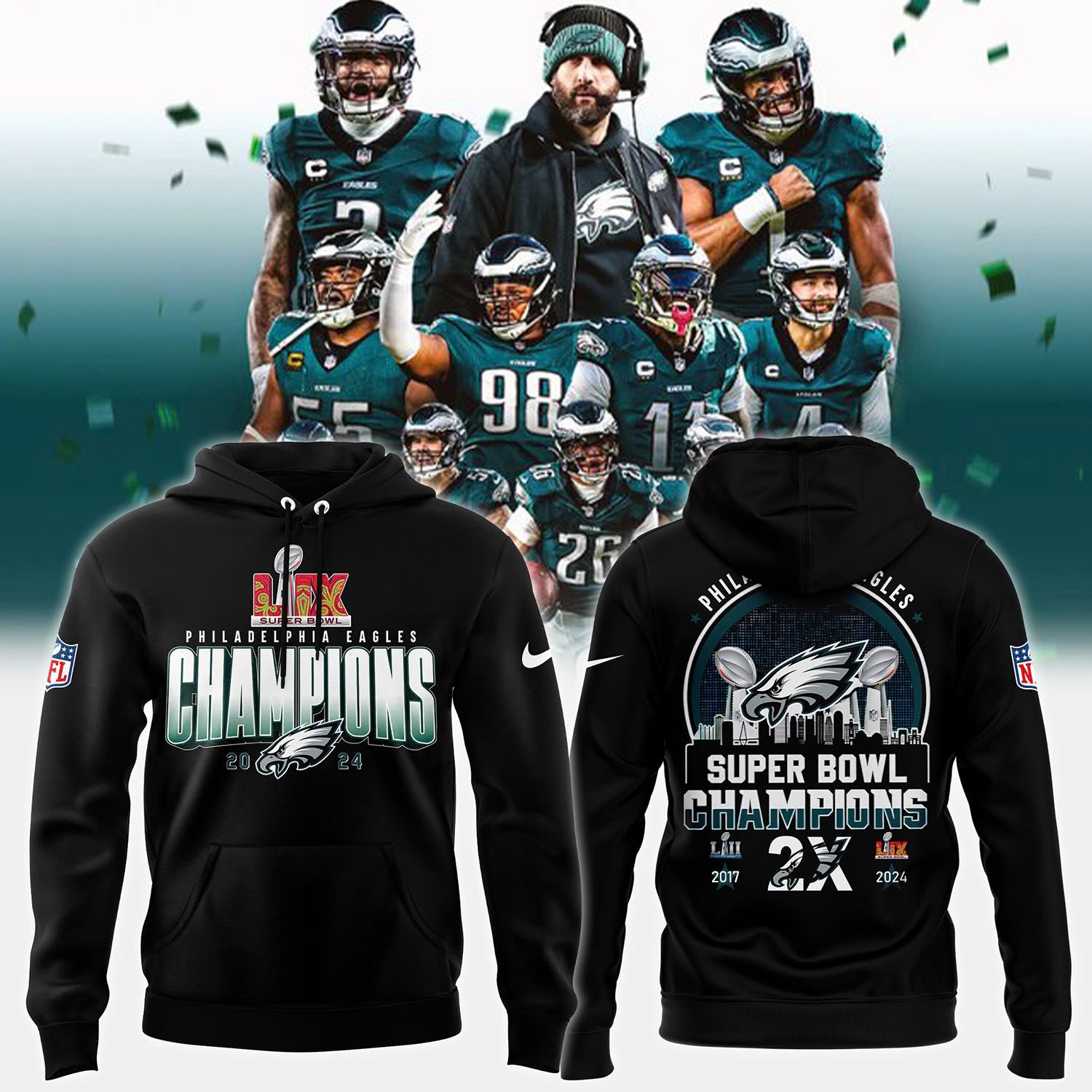 Philadelphia Eagles CHAMPIONS SUPER BOWL LIX Hoodie - Famjoys Philadelphia Eagles CHAMPIONS SUPER BOWL LIX Hoodie - Famjoys