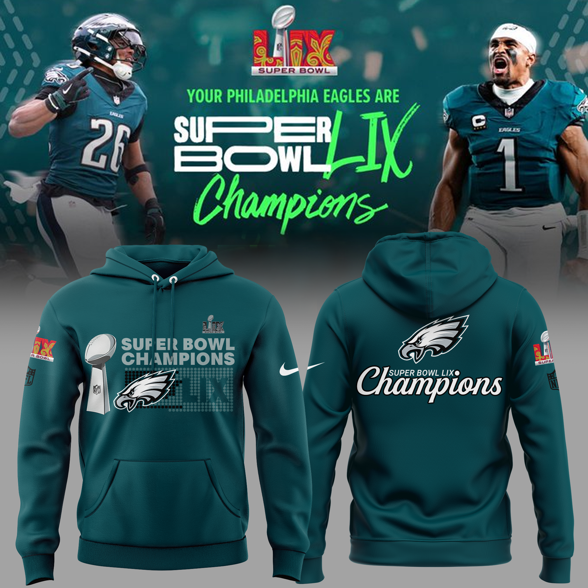 Philadelphia Eagles CHAMPIONS SUPER BOWL LIX Hoodie - Famjoys Philadelphia Eagles CHAMPIONS SUPER BOWL LIX Hoodie - Famjoys