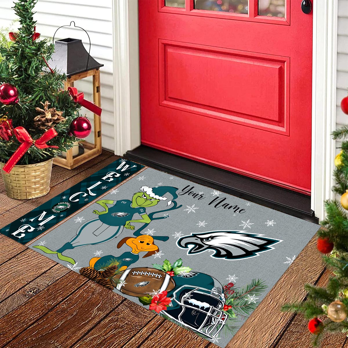 Philadelphia Eagles Grinch Christmas Welcome Football Doormat - Famjoys Philadelphia Eagles Grinch Christmas Welcome Football Doormat - Famjoys
