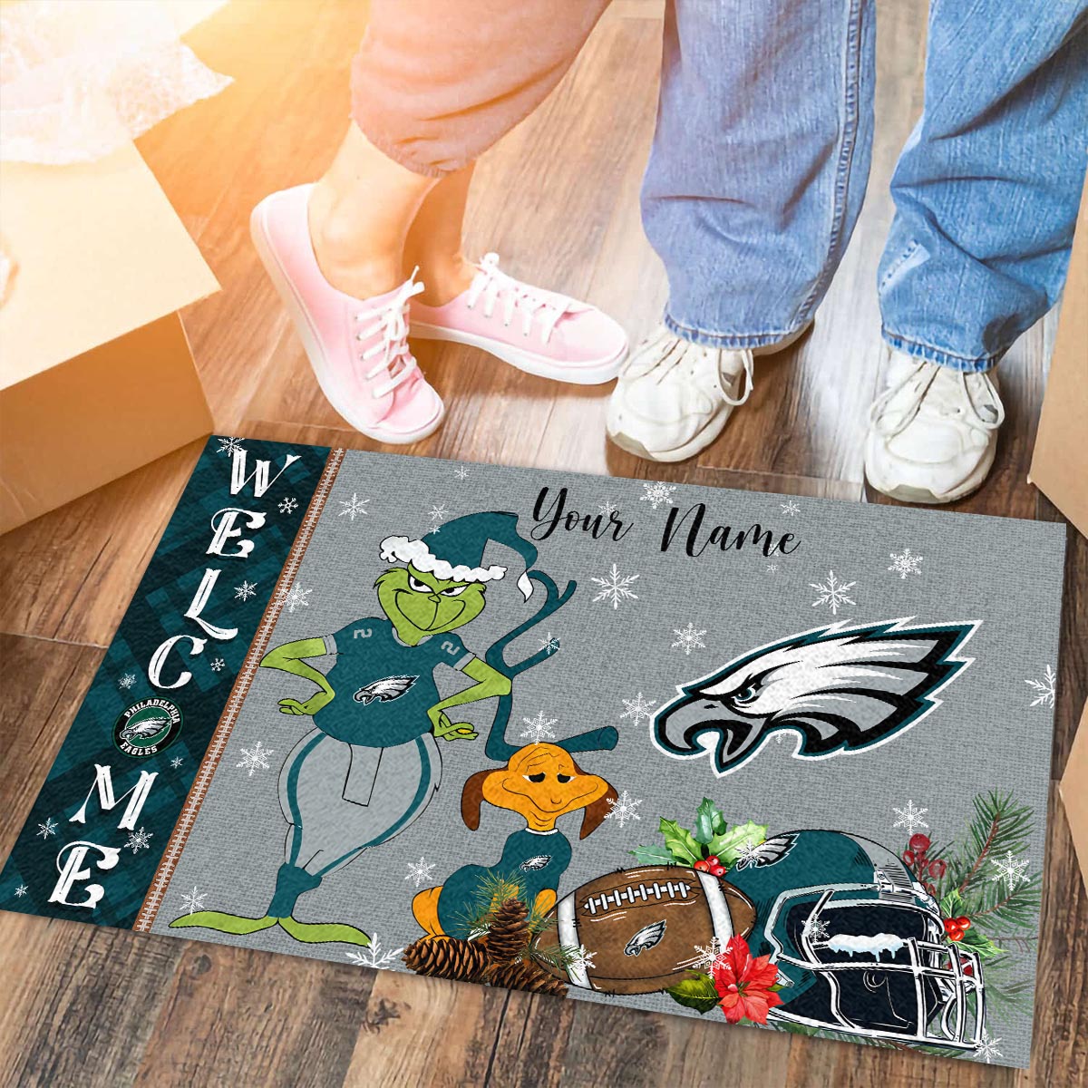 Philadelphia Eagles Grinch Christmas Welcome Football Doormat - Famjoys Philadelphia Eagles Grinch Christmas Welcome Football Doormat - Famjoys