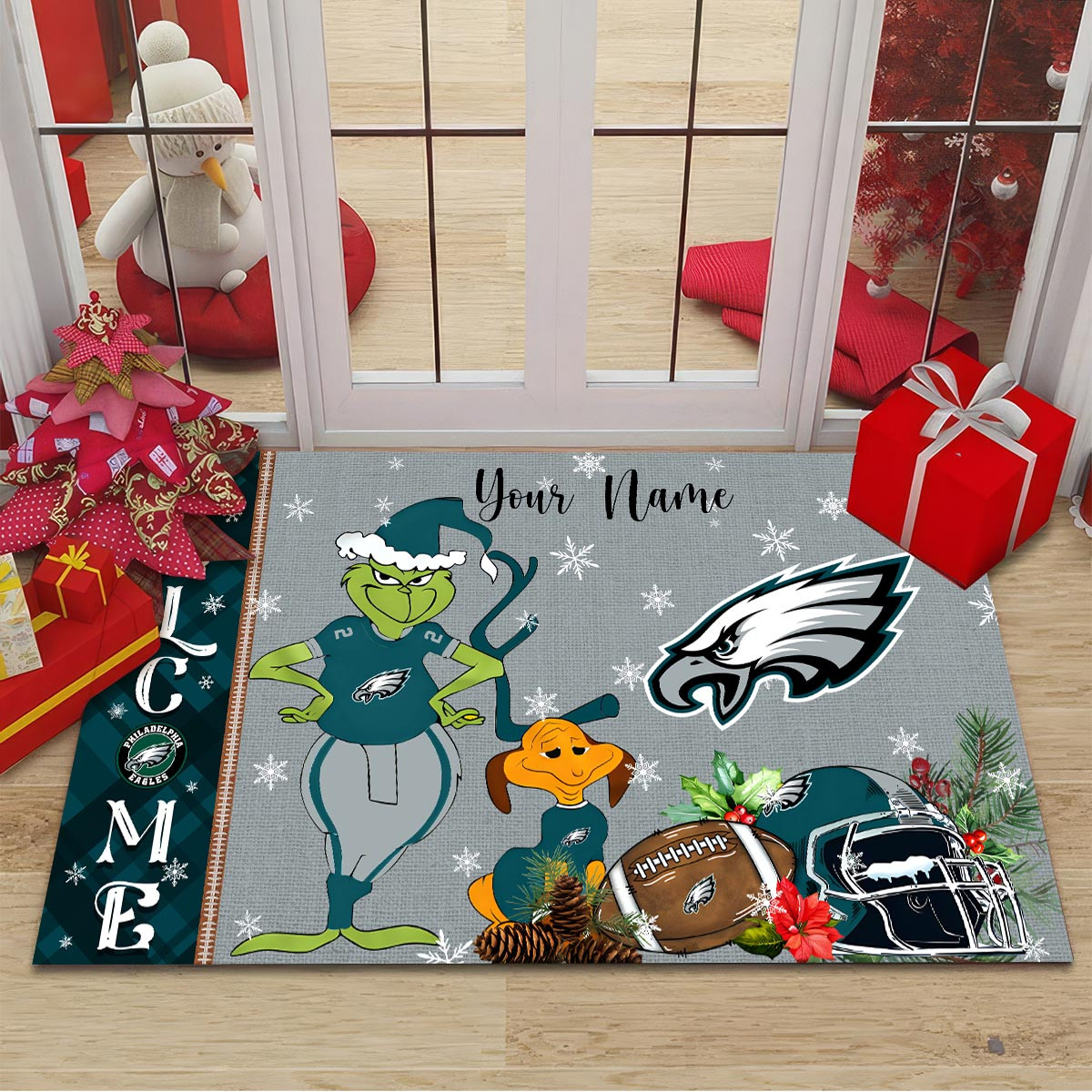 Philadelphia Eagles Grinch Christmas Welcome Football Doormat - Famjoys Philadelphia Eagles Grinch Christmas Welcome Football Doormat - Famjoys