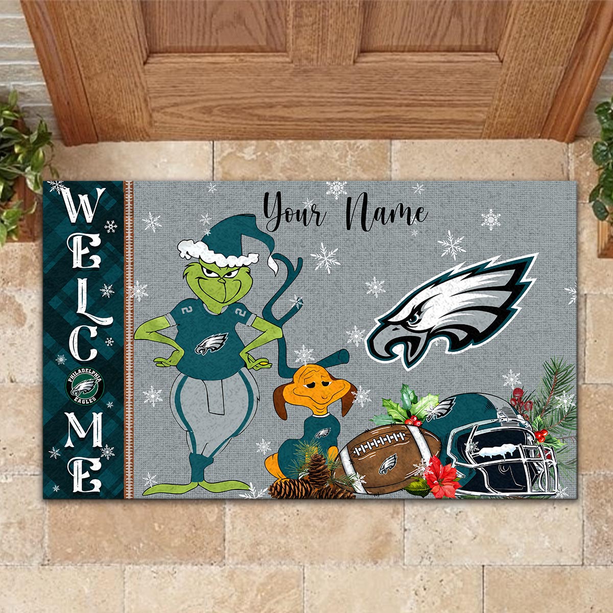 Philadelphia Eagles Grinch Christmas Welcome Football Doormat - Famjoys Philadelphia Eagles Grinch Christmas Welcome Football Doormat - Famjoys