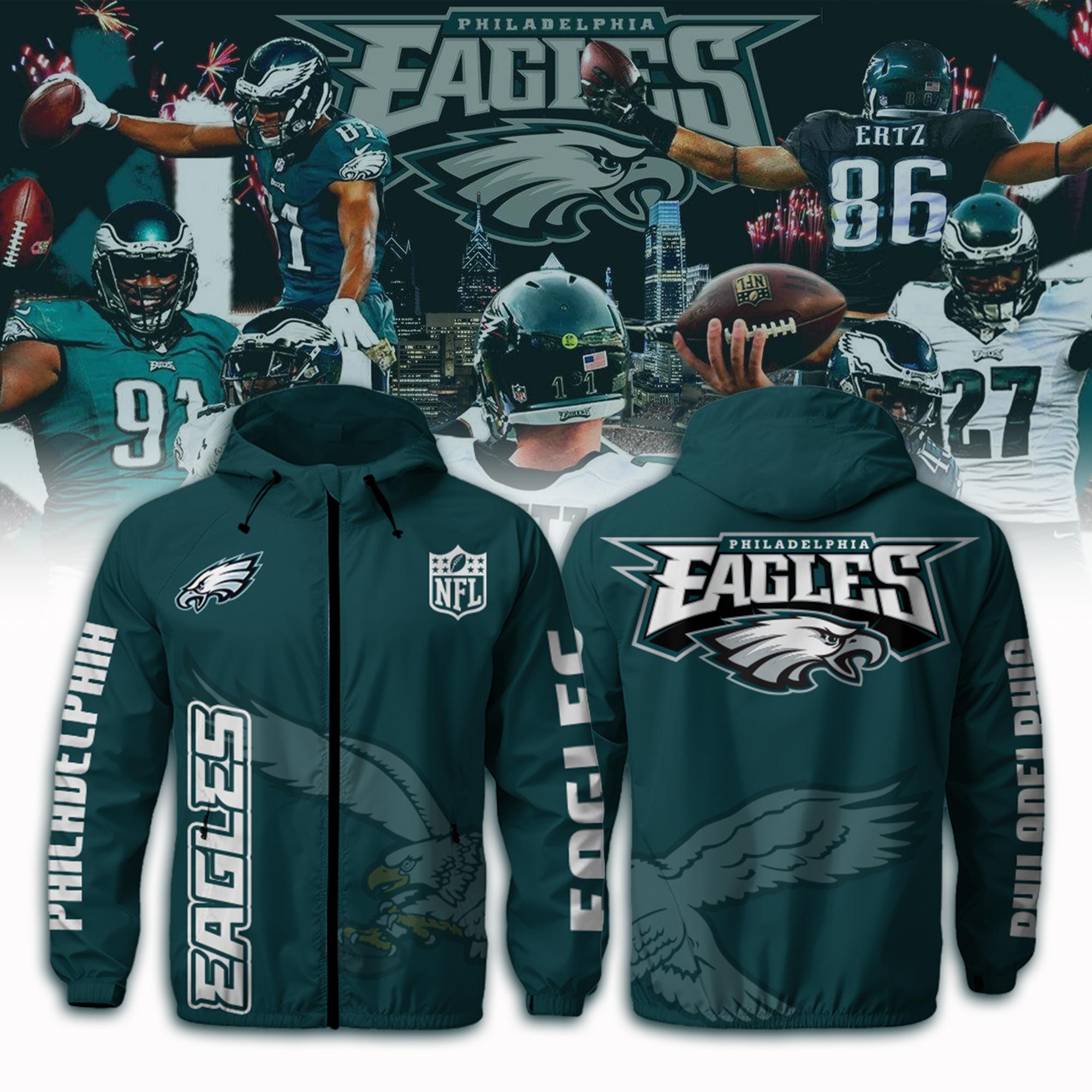 Philadelphia Eagles Hooded Wind Jacket - Famjoys Philadelphia Eagles Hooded Wind Jacket - Famjoys