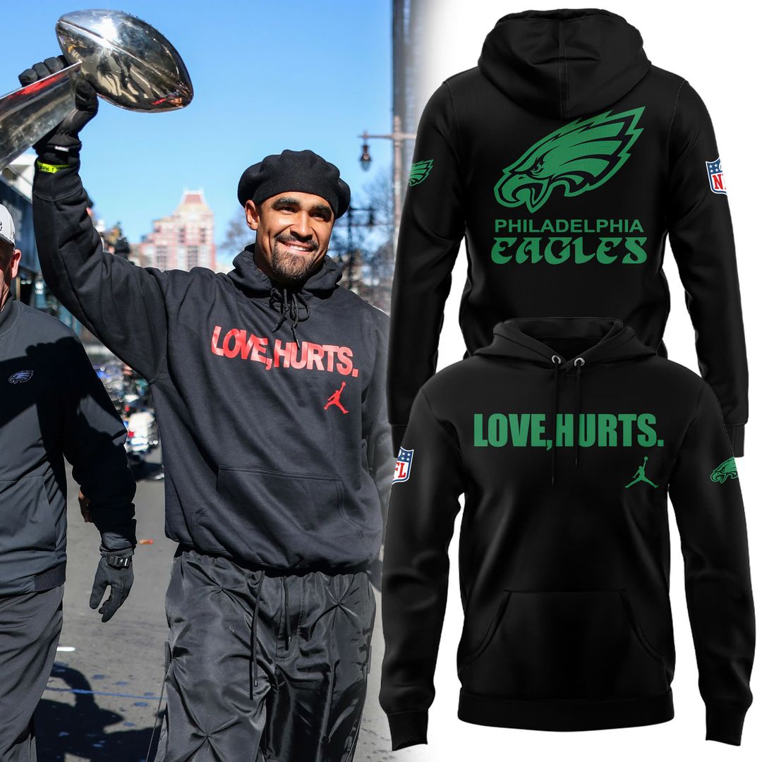 Philadelphia Eagles Jalen Hurts with the 'Love, Hurts' Hoodie - Famjoys Philadelphia Eagles Jalen Hurts with the 'Love, Hurts' Hoodie - Famjoys