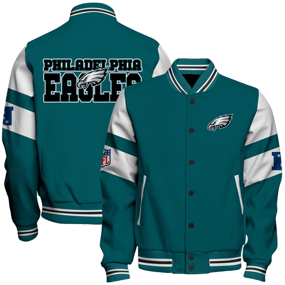 Philadelphia Eagles National Football Conference Unisex Varsity Jacket V11 - Famjoys Philadelphia Eagles National Football Conference Unisex Varsity Jacket V11 - Famjoys