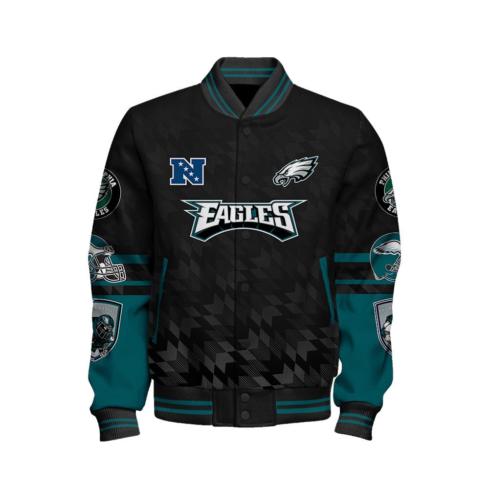 Philadelphia Eagles National Football Conference Unisex Varsity Jacket V12 - Famjoys Philadelphia Eagles National Football Conference Unisex Varsity Jacket V12 - Famjoys