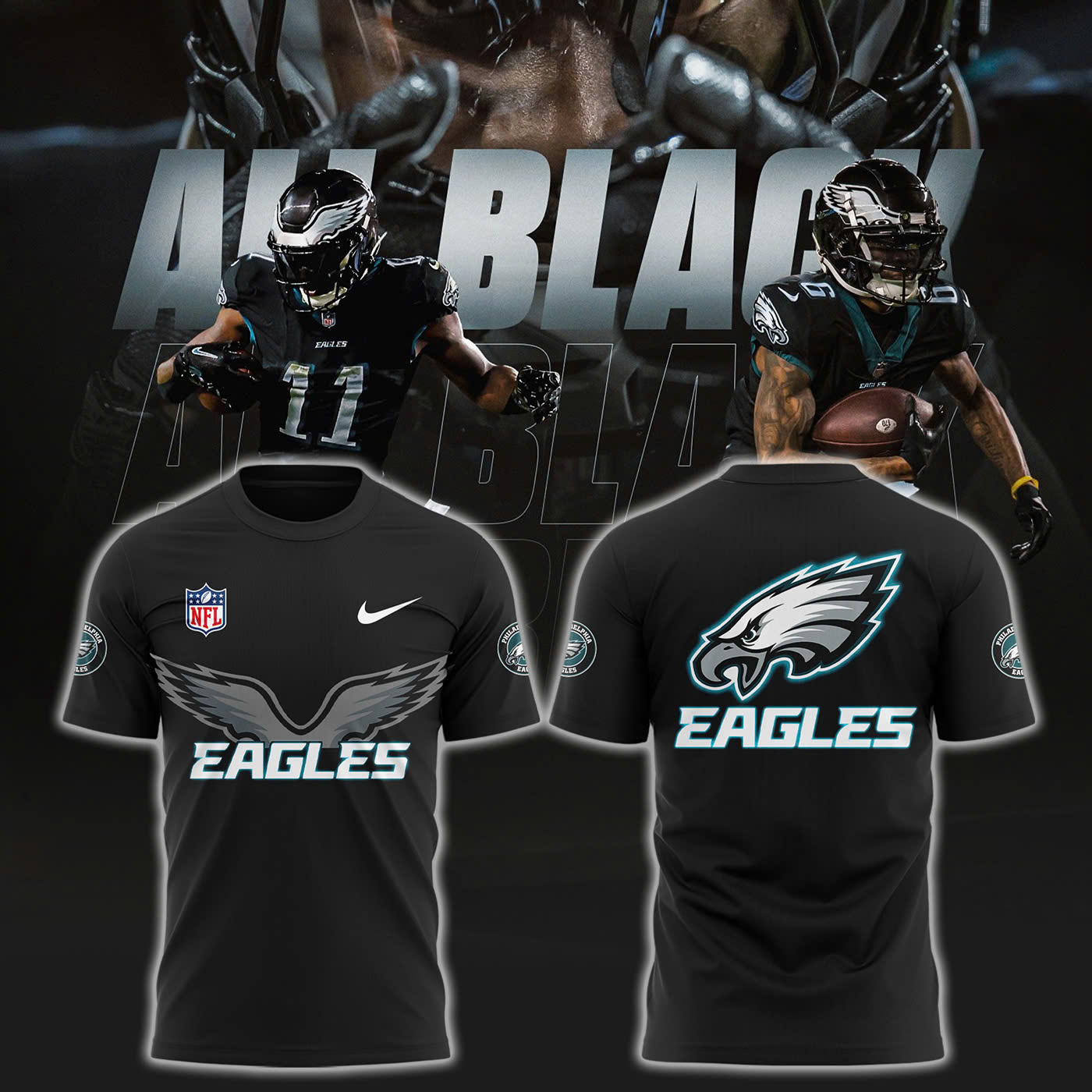 Philadelphia Eagles New All Black TShirt - Famjoys Philadelphia Eagles New All Black TShirt - Famjoys
