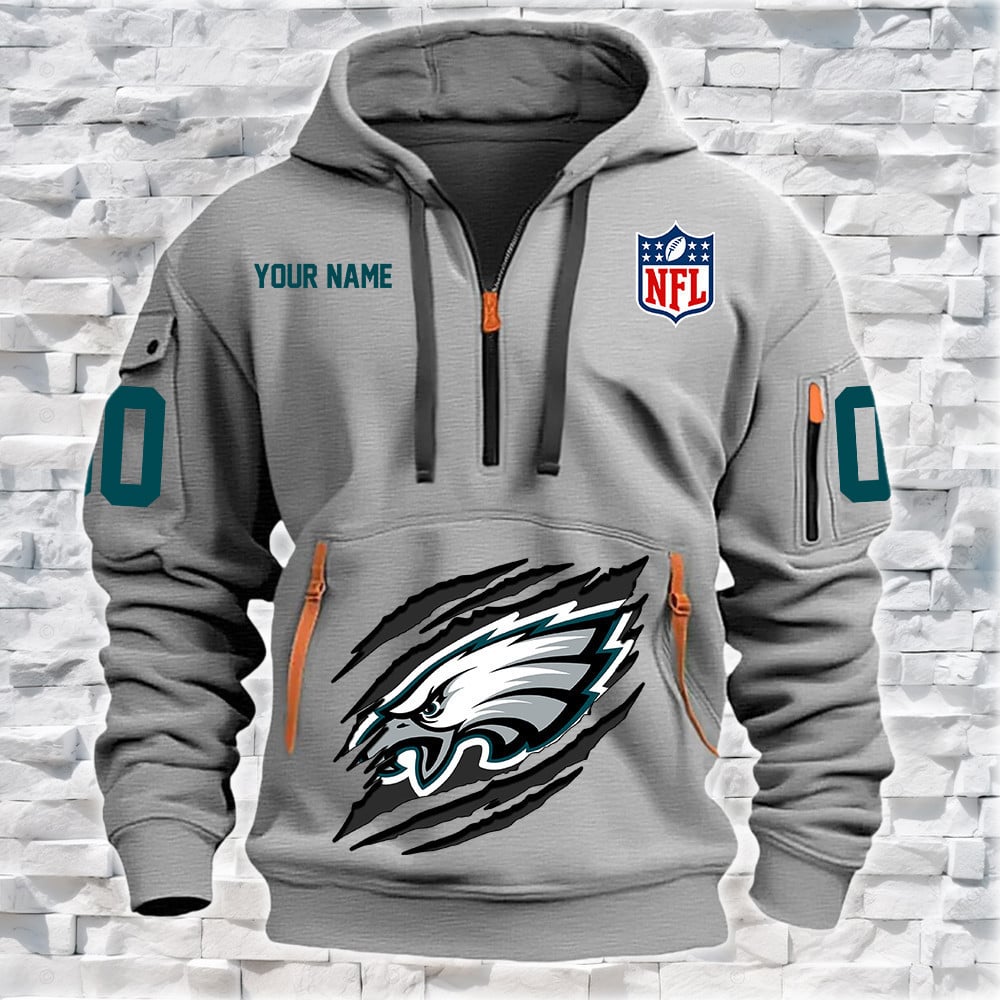 Philadelphia Eagles New Personalized Quarter Zip Hoodie NA032 - Famjoys Philadelphia Eagles New Personalized Quarter Zip Hoodie NA032 - Famjoys