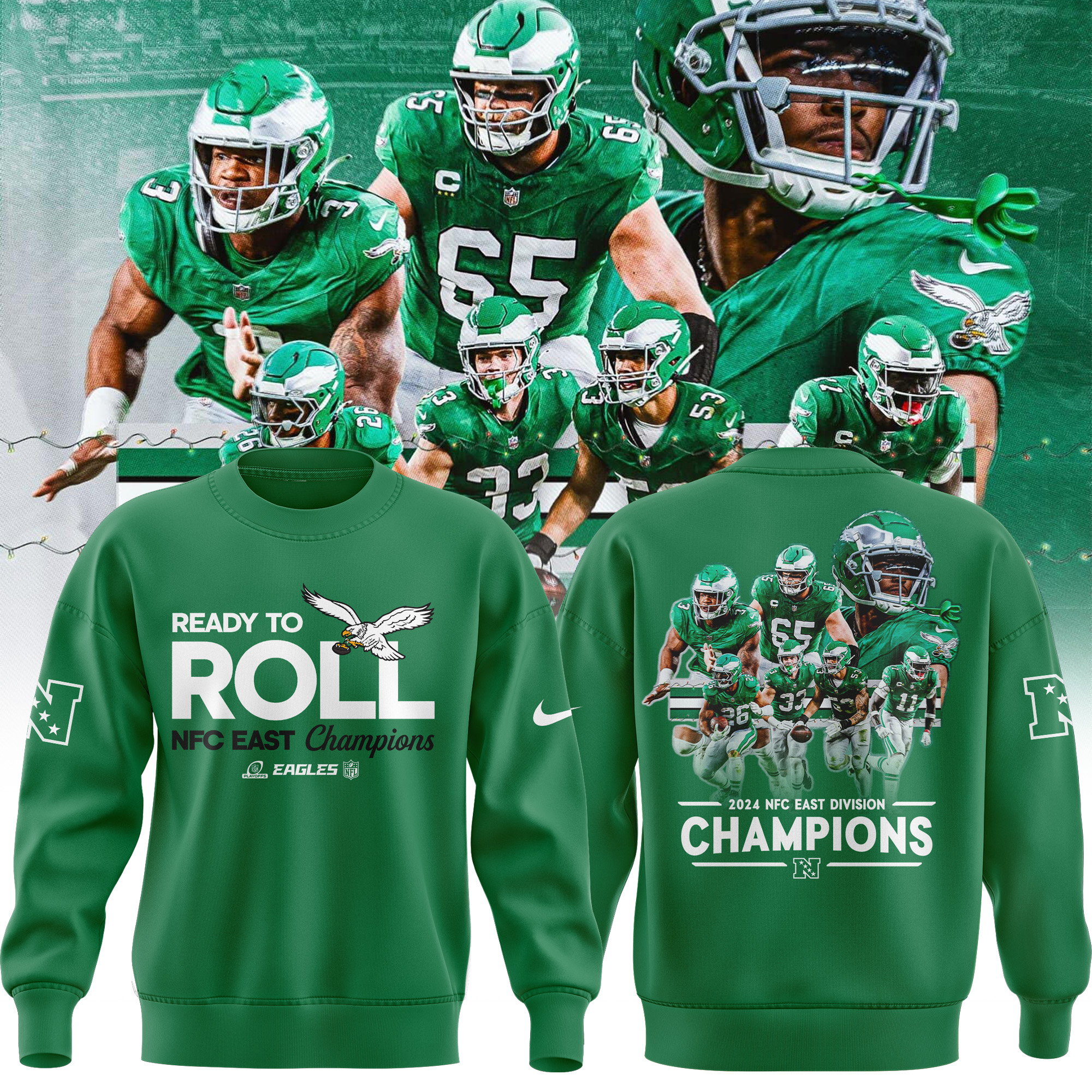 Philadelphia Eagles NFC EAST CHAMPIONS Kelly Green Sweatershirt 2024 - Famjoys Philadelphia Eagles NFC EAST CHAMPIONS Kelly Green Sweatershirt 2024 - Famjoys