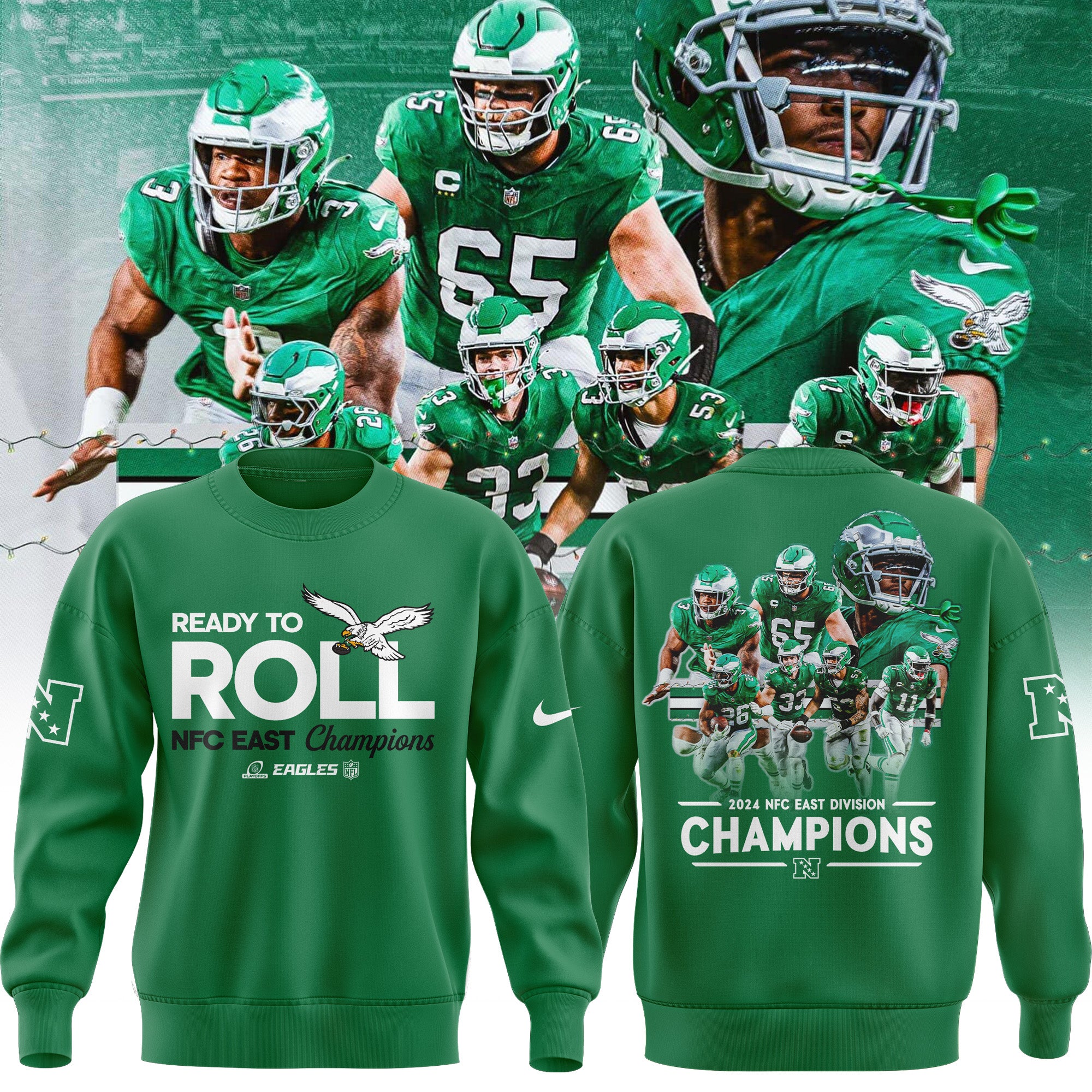 Philadelphia Eagles NFC EAST CHAMPIONS Kelly Green Sweatshirt 2024 - Famjoys Philadelphia Eagles NFC EAST CHAMPIONS Kelly Green Sweatshirt 2024 - Famjoys