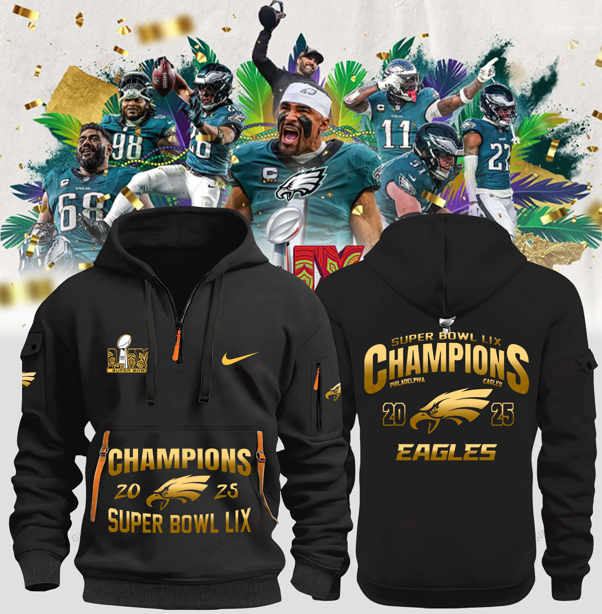 Philadelphia Eagles Quarter Zip Hoodie QZH-A3W0D2 - Famjoys Philadelphia Eagles Quarter Zip Hoodie QZH-A3W0D2 - Famjoys