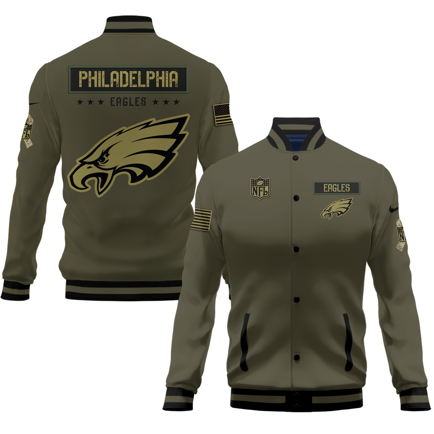 Philadelphia Eagles Salute To Service Club Baseball Jacket Varsity Jacket - Green - Famjoys Philadelphia Eagles Salute To Service Club Baseball Jacket Varsity Jacket - Green - Famjoys