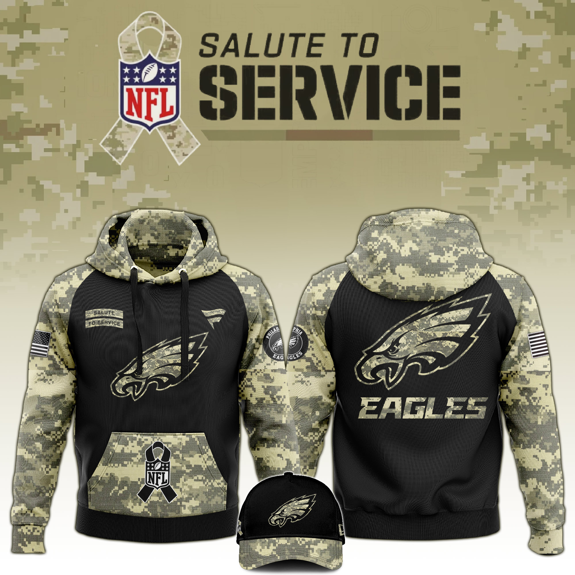 Philadelphia Eagles Salute to Service Club Camo Hoodie #2 - Famjoys Philadelphia Eagles Salute to Service Club Camo Hoodie #2 - Famjoys