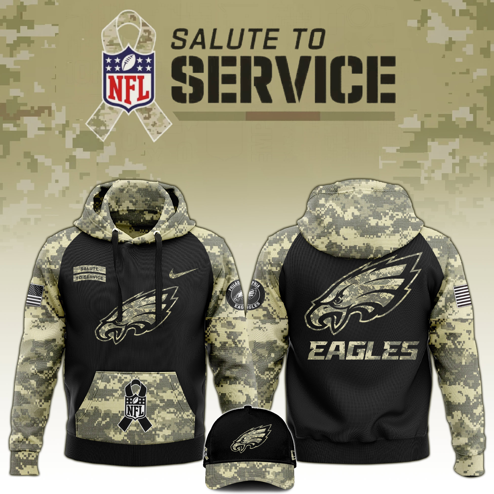 Philadelphia Eagles Salute to Service Club Camo Hoodie V2 - Famjoys Philadelphia Eagles Salute to Service Club Camo Hoodie V2 - Famjoys