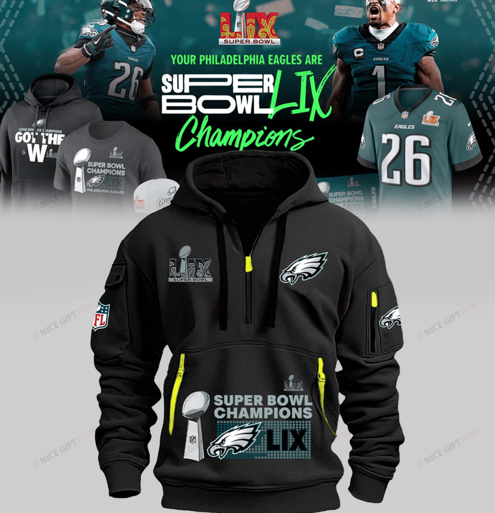 Philadelphia Eagles Super Bowl Champions Quarter Zip Hoodie QZH-E3U2G1 - Famjoys Philadelphia Eagles Super Bowl Champions Quarter Zip Hoodie QZH-E3U2G1 - Famjoys