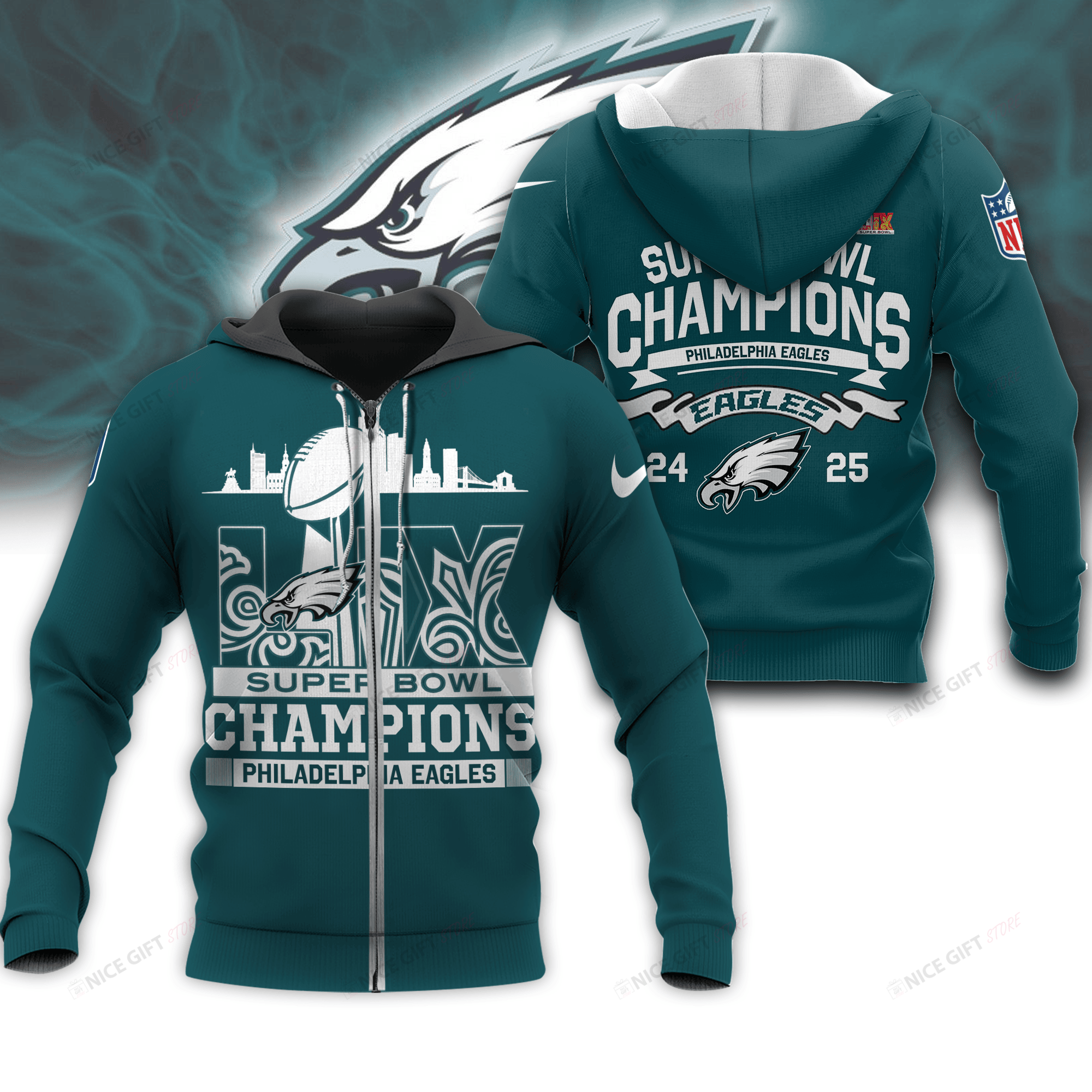 Philadelphia Eagles Super Bowl Champions Zip Hoodie 3D 3ZH-A3K2 - Famjoys Philadelphia Eagles Super Bowl Champions Zip Hoodie 3D 3ZH-A3K2 - Famjoys