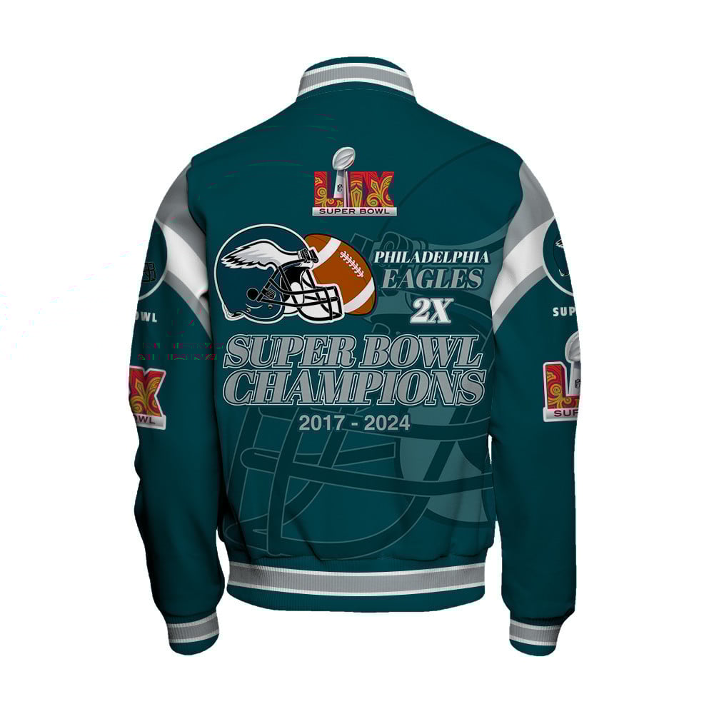 Philadelphia Eagles Super Bowl LIX 2025 Make History Varsity Jacket - Famjoys Philadelphia Eagles Super Bowl LIX 2025 Make History Varsity Jacket - Famjoys