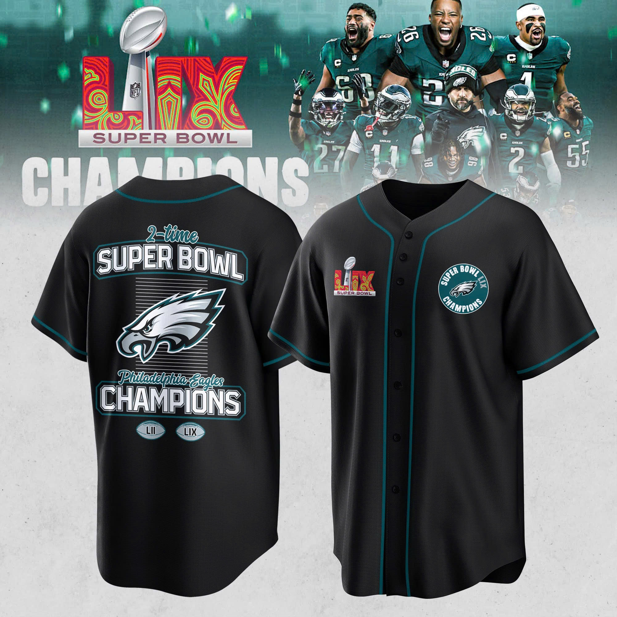 Philadelphia Eagles Super Bowl LIX Champions 2025 Baseball Jersey - Famjoys Philadelphia Eagles Super Bowl LIX Champions 2025 Baseball Jersey - Famjoys