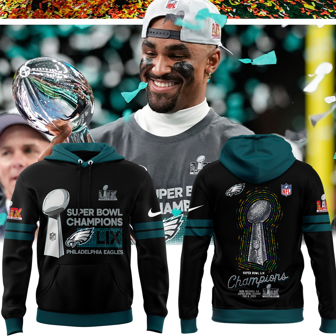 Philadelphia Eagles Super Bowl LIX Champions 2025 Combo Hoodie + joggers + cap - Famjoys Philadelphia Eagles Super Bowl LIX Champions 2025 Combo Hoodie + joggers + cap - Famjoys
