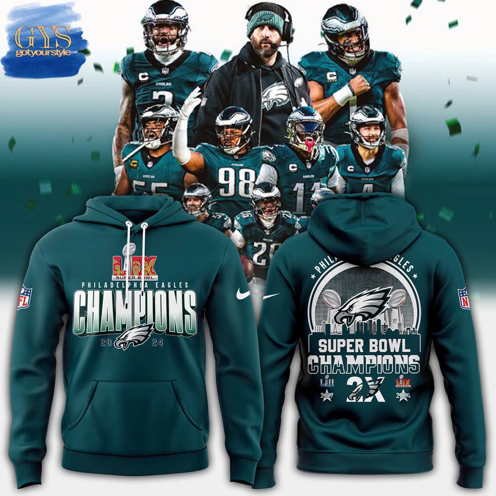 Philadelphia Eagles Super Bowl LIX Champions 2025 Midnight Green Hoodie - Famjoys Philadelphia Eagles Super Bowl LIX Champions 2025 Midnight Green Hoodie - Famjoys