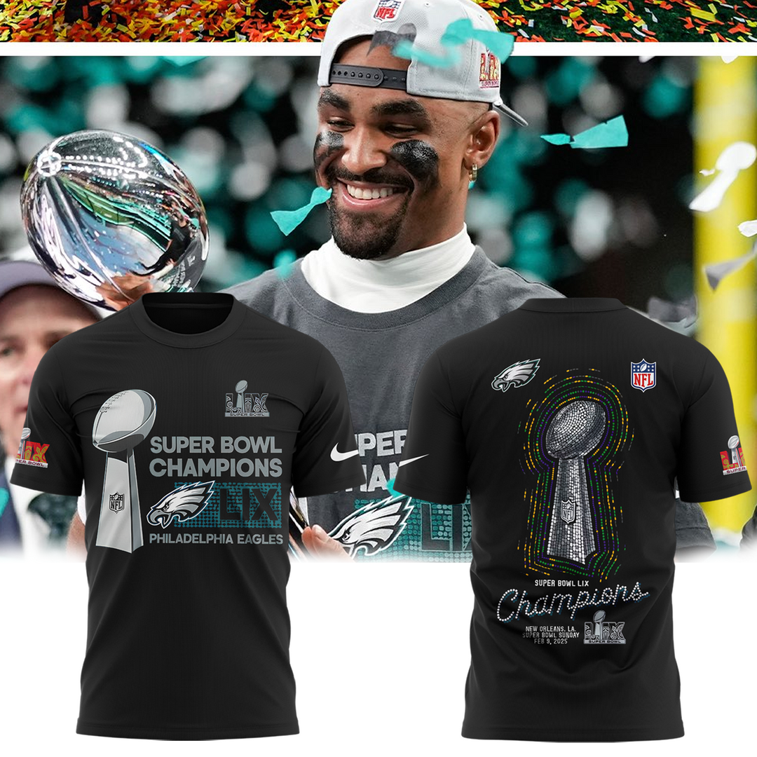 Philadelphia Eagles Super Bowl LIX Champions 2025 Tshirt + Joggers + Cap - Famjoys Philadelphia Eagles Super Bowl LIX Champions 2025 Tshirt + Joggers + Cap - Famjoys