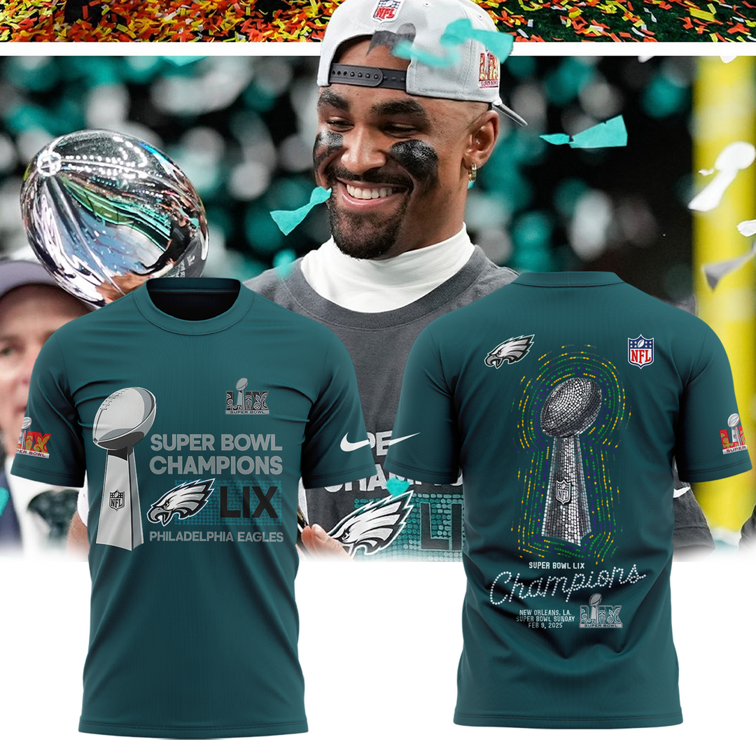Philadelphia Eagles Super Bowl LIX Champions 2025 Tshirt + Joggers + Cap - Famjoys Philadelphia Eagles Super Bowl LIX Champions 2025 Tshirt + Joggers + Cap - Famjoys