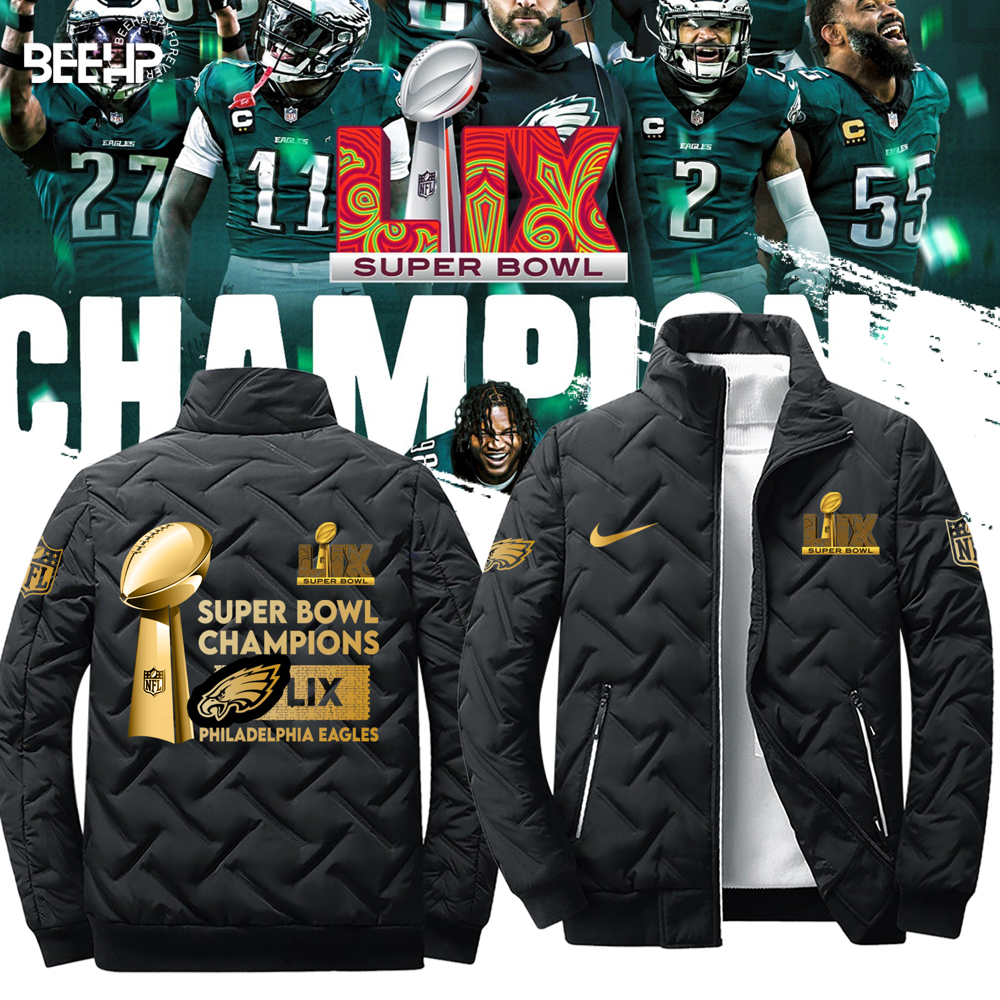 Philadelphia Eagles Super Bowl LIX Champions 3D Puffer Jacket - Famjoys Philadelphia Eagles Super Bowl LIX Champions 3D Puffer Jacket - Famjoys