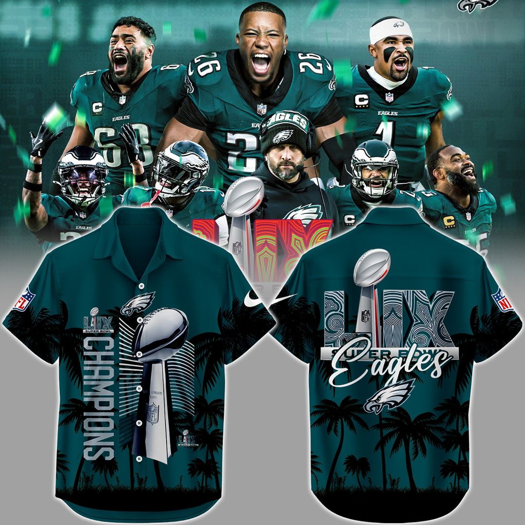 Philadelphia Eagles Super Bowl LIX Champions Combo Hawaiian Shirt + Shorts + Cap set - Famjoys Philadelphia Eagles Super Bowl LIX Champions Combo Hawaiian Shirt + Shorts + Cap set - Famjoys