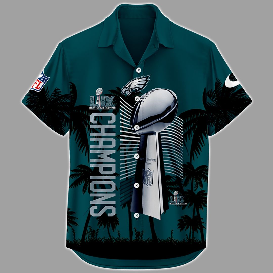 Philadelphia Eagles Super Bowl LIX Champions Combo Hawaiian Shirt + Shorts + Cap set - Famjoys Philadelphia Eagles Super Bowl LIX Champions Combo Hawaiian Shirt + Shorts + Cap set - Famjoys