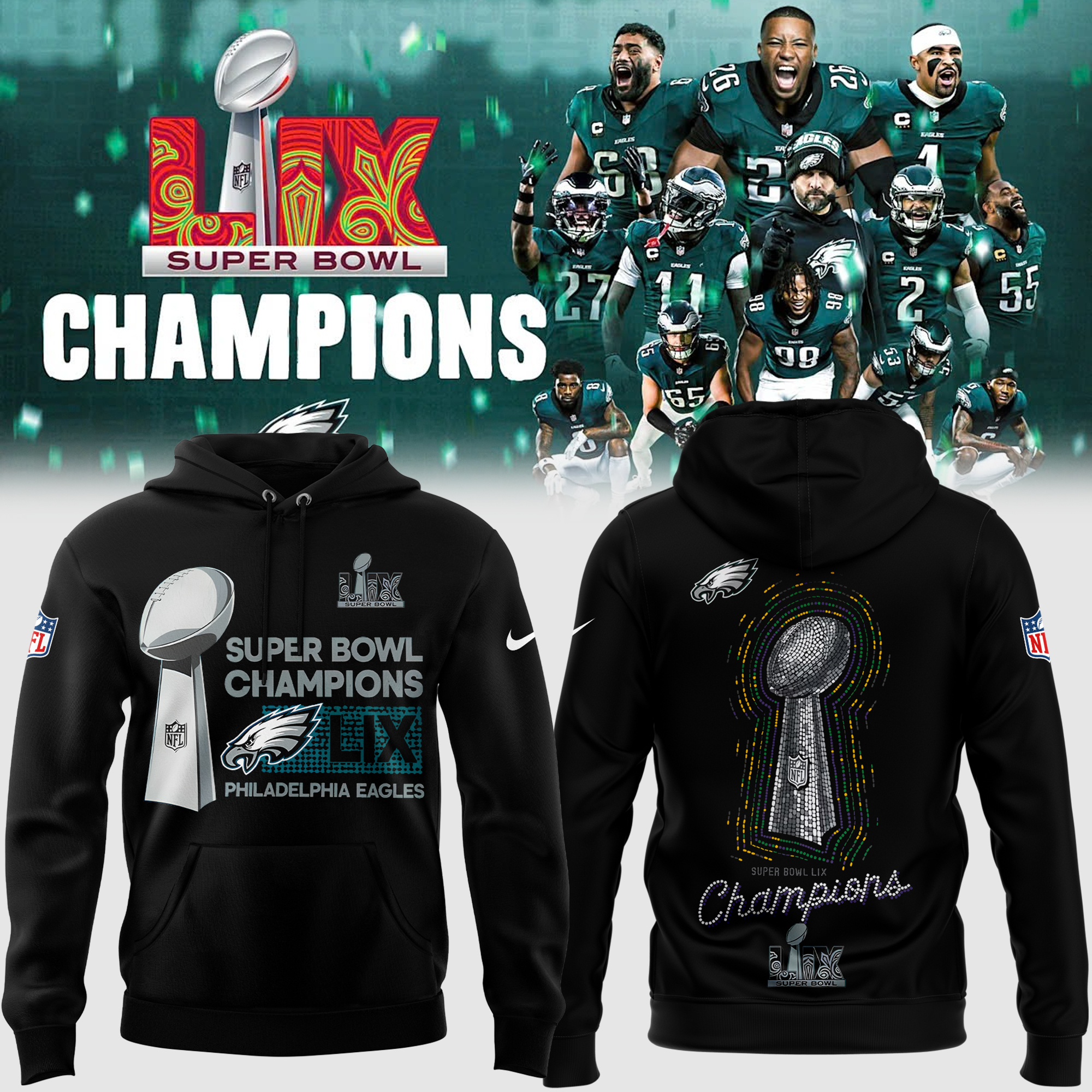 Philadelphia Eagles SUPER BOWL LIX Champions Hoodie - Famjoys Philadelphia Eagles SUPER BOWL LIX Champions Hoodie - Famjoys