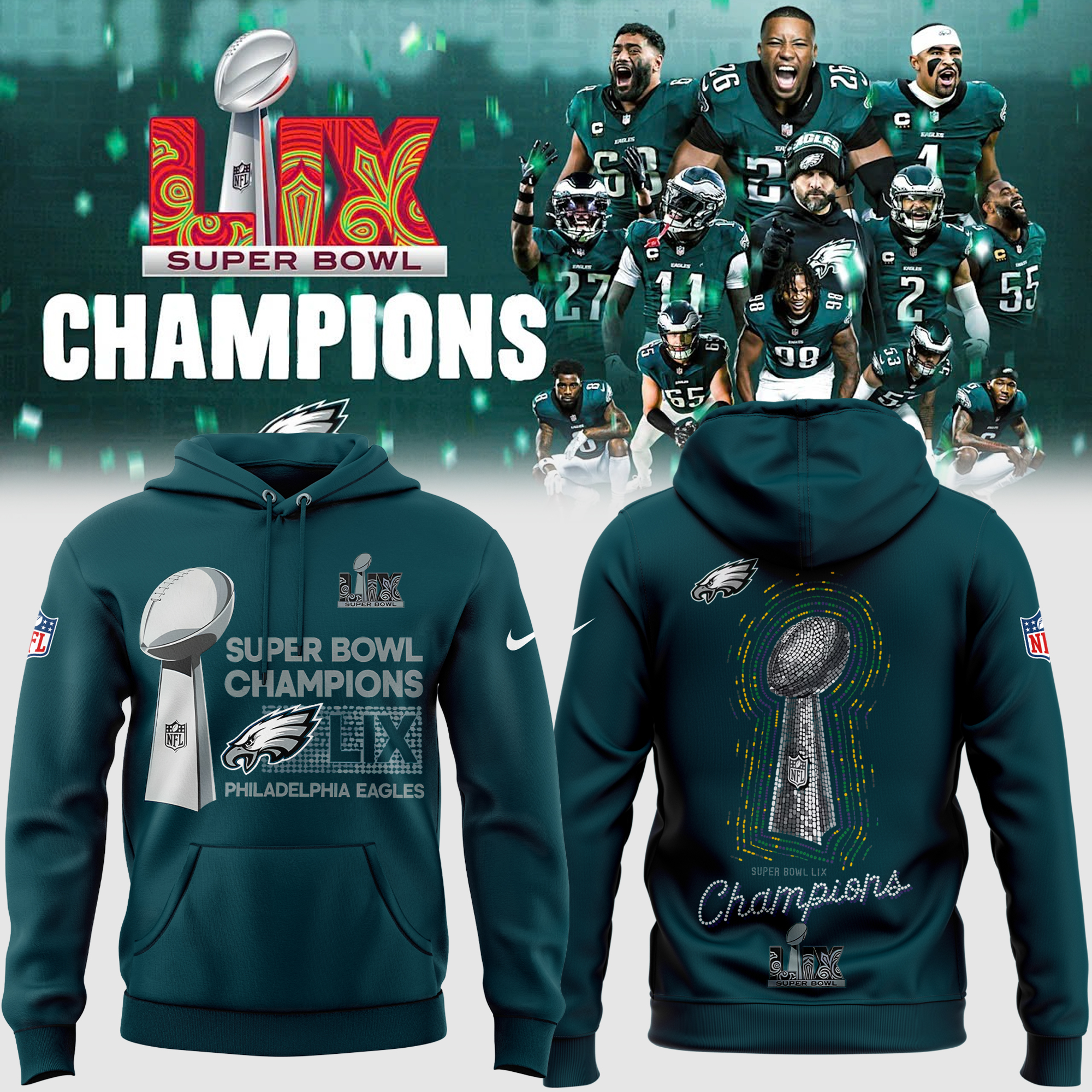 Philadelphia Eagles SUPER BOWL LIX Champions Hoodie - Famjoys Philadelphia Eagles SUPER BOWL LIX Champions Hoodie - Famjoys