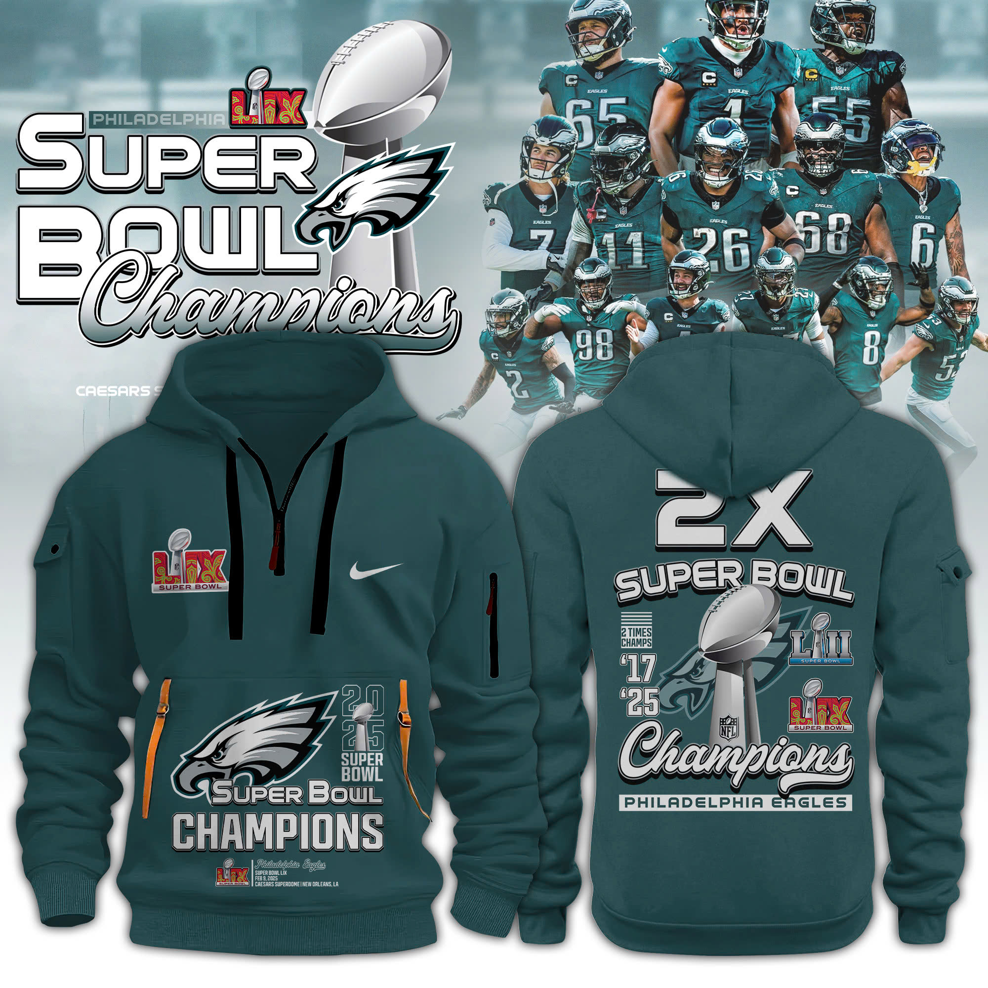 Philadelphia Eagles Super Bowl LIX Champions Hoodie Upgrade V2 - Famjoys Philadelphia Eagles Super Bowl LIX Champions Hoodie Upgrade V2 - Famjoys