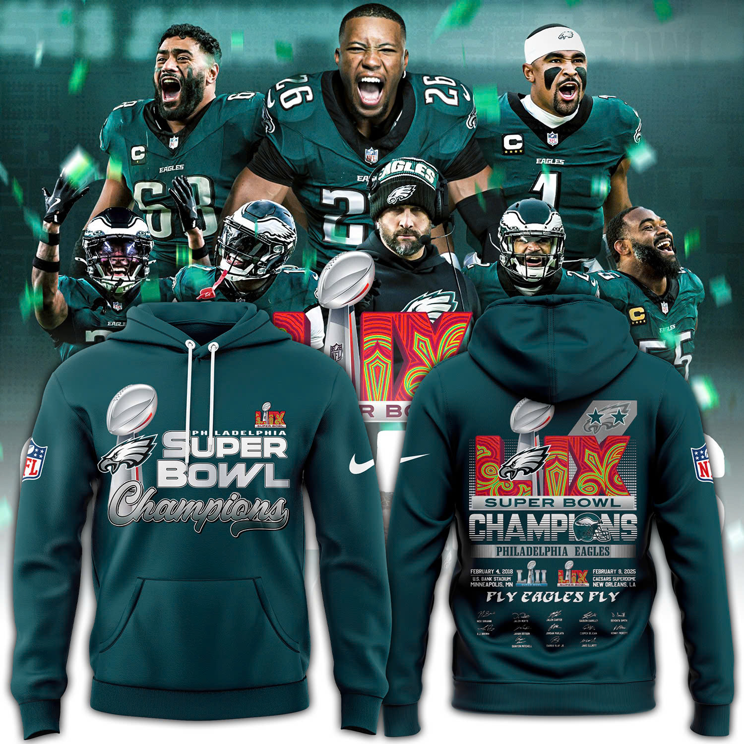 Philadelphia Eagles Super Bowl LIX Champions Hoodie V2 - Famjoys Philadelphia Eagles Super Bowl LIX Champions Hoodie V2 - Famjoys