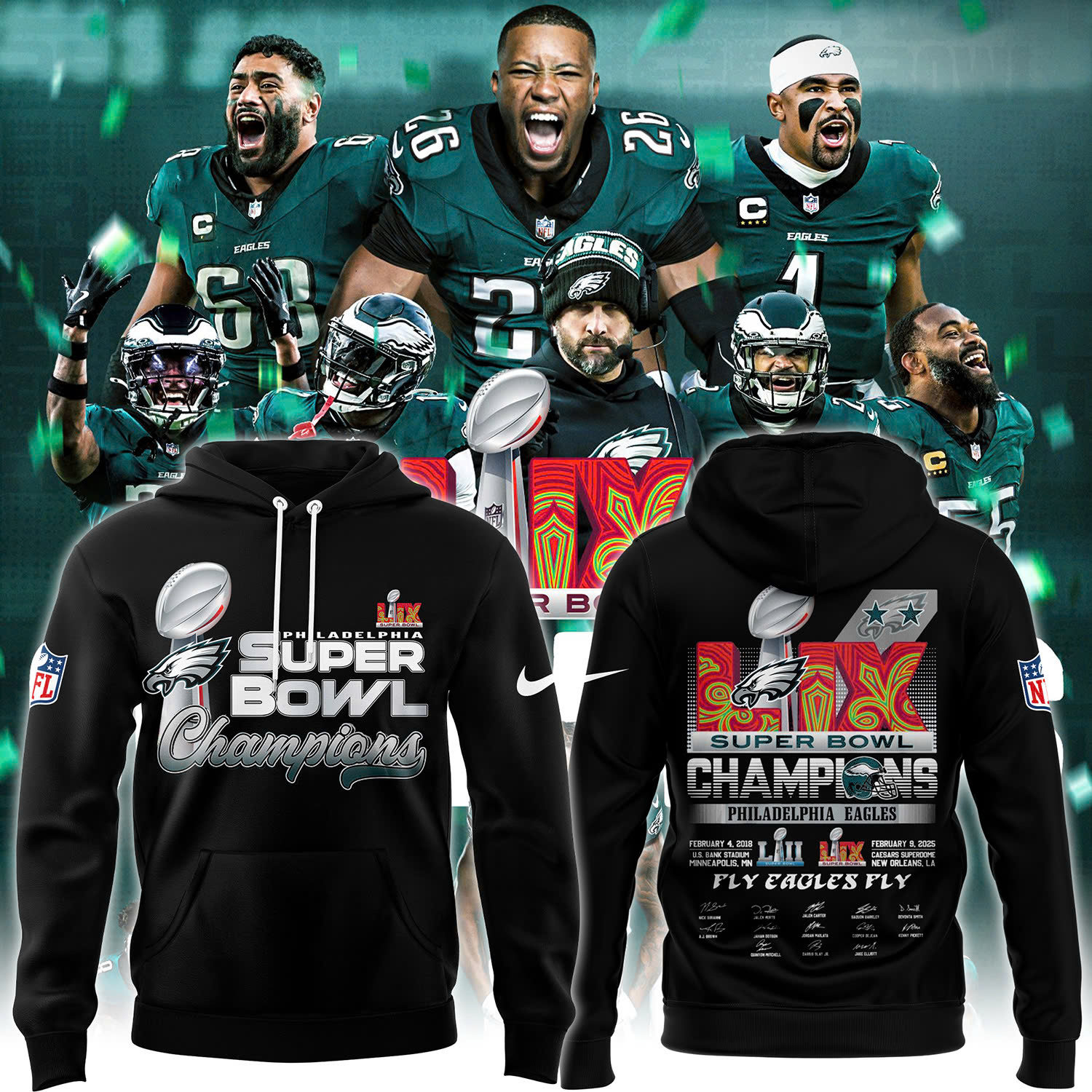 Philadelphia Eagles Super Bowl LIX Champions Hoodie V3 - Famjoys Philadelphia Eagles Super Bowl LIX Champions Hoodie V3 - Famjoys