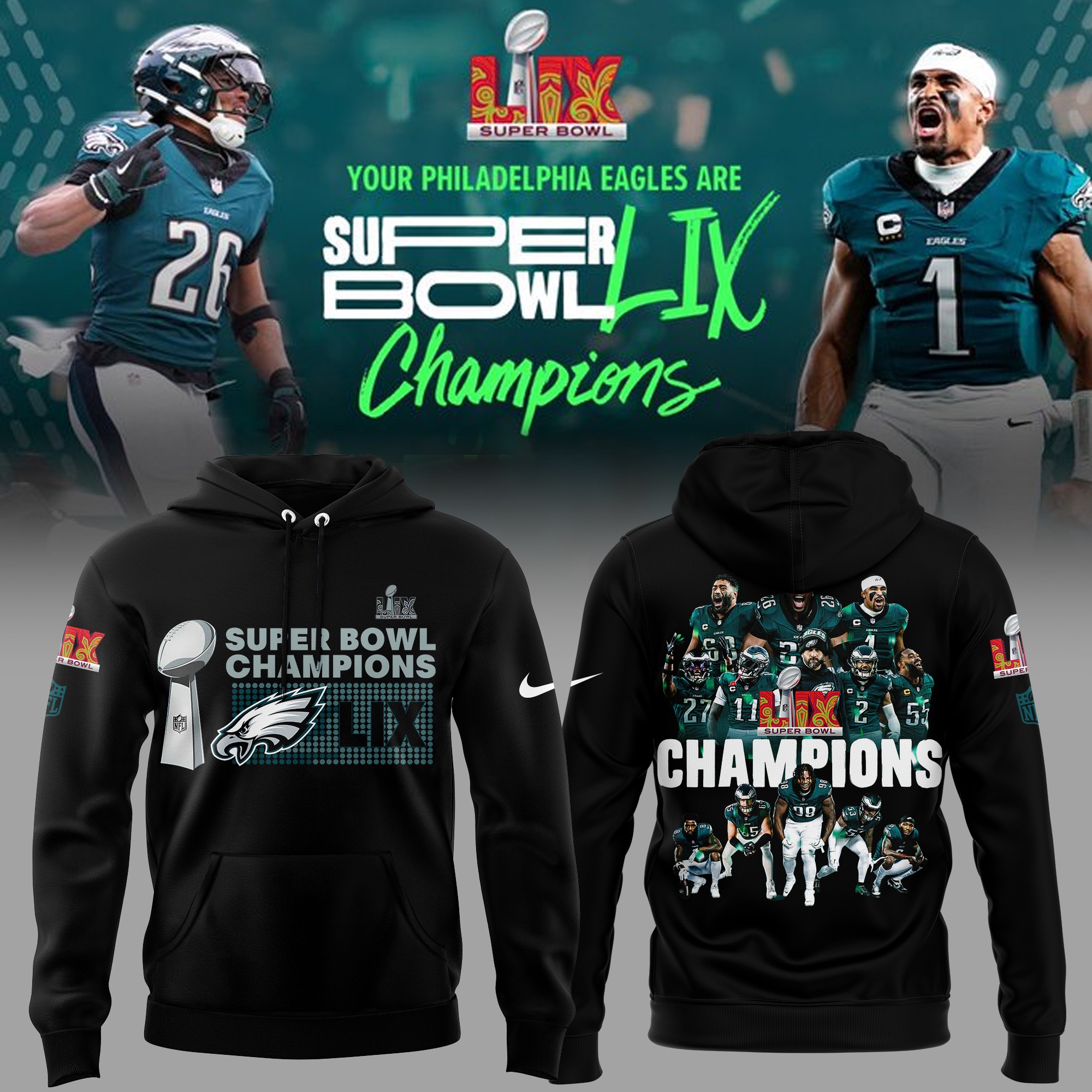 Philadelphia Eagles Super Bowl LIX Champions Hoodie V5 - Famjoys Philadelphia Eagles Super Bowl LIX Champions Hoodie V5 - Famjoys