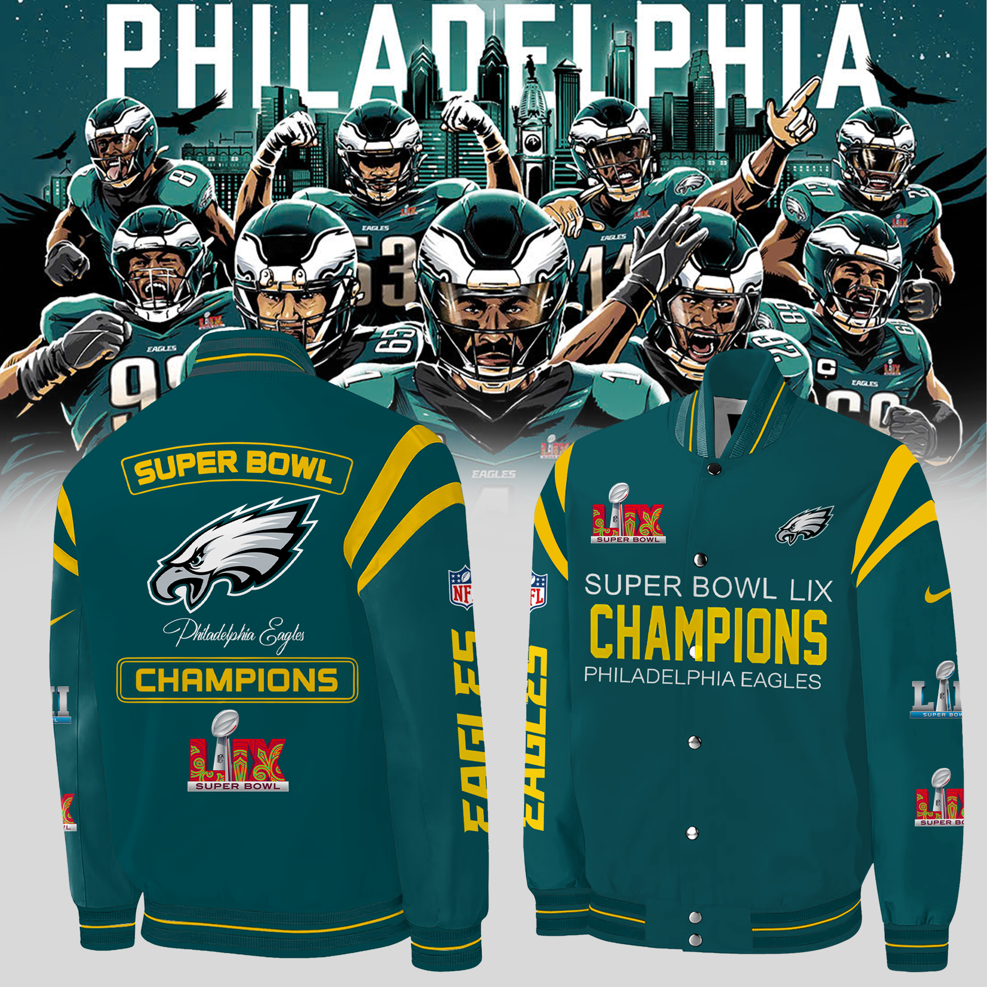 Philadelphia Eagles SUPER BOWL LIX Champions Jacket - Famjoys Philadelphia Eagles SUPER BOWL LIX Champions Jacket - Famjoys