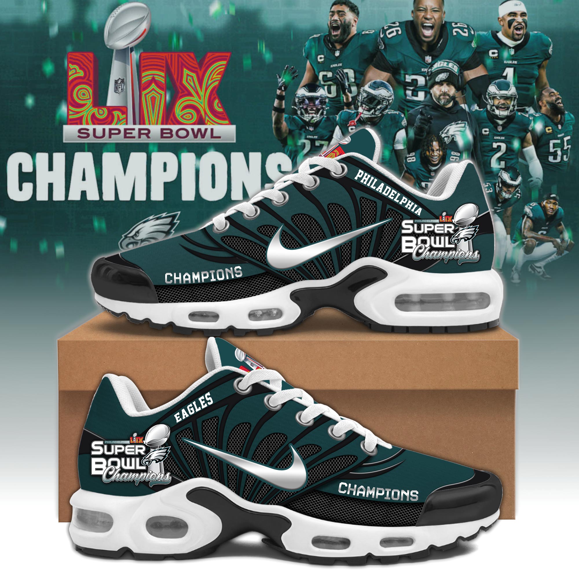 Philadelphia Eagles Super Bowl LIX Champions Shoes 2025 v3 - Famjoys Philadelphia Eagles Super Bowl LIX Champions Shoes 2025 v3 - Famjoys