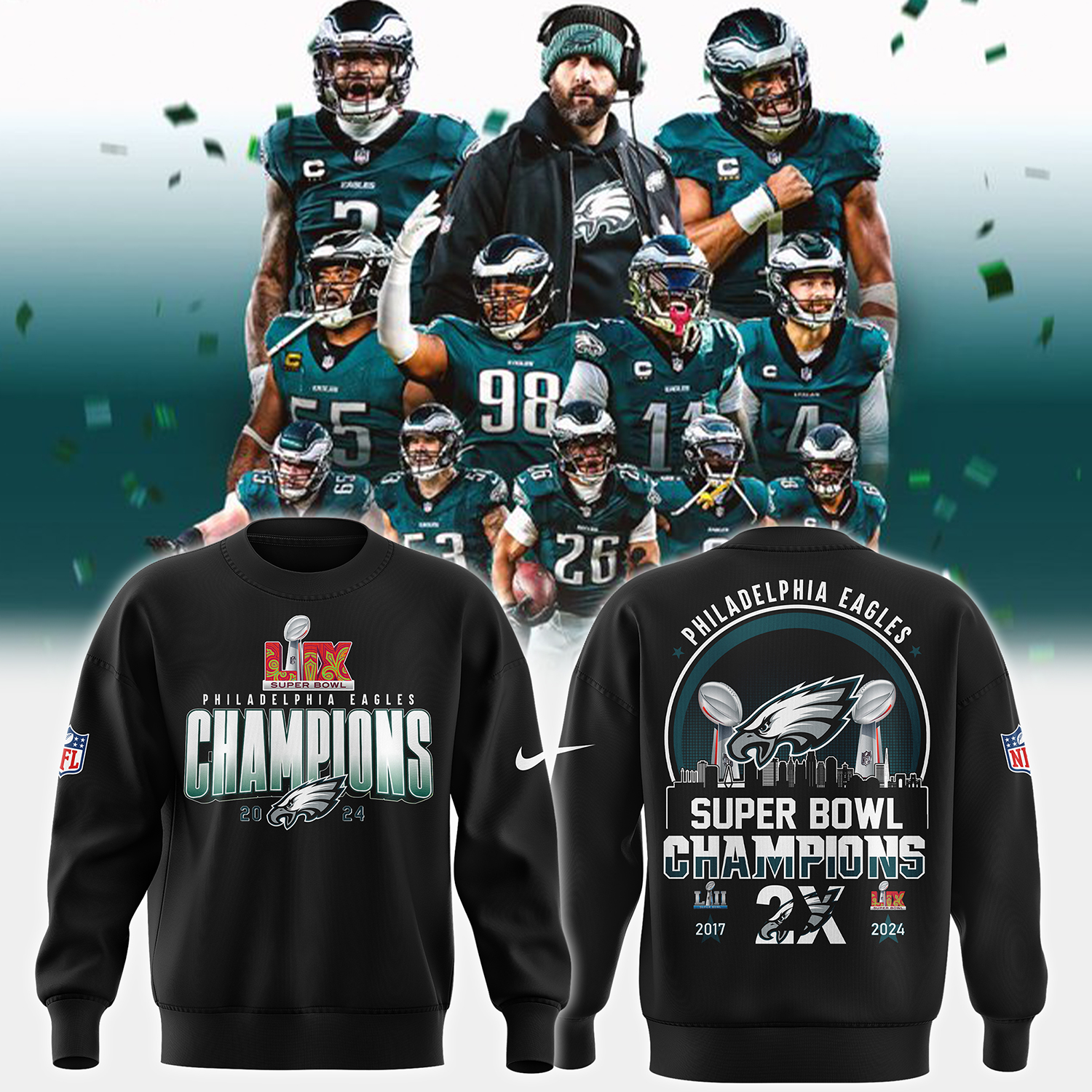 Philadelphia Eagles Super Bowl LIX Champions Sweatershirt - Famjoys Philadelphia Eagles Super Bowl LIX Champions Sweatershirt - Famjoys